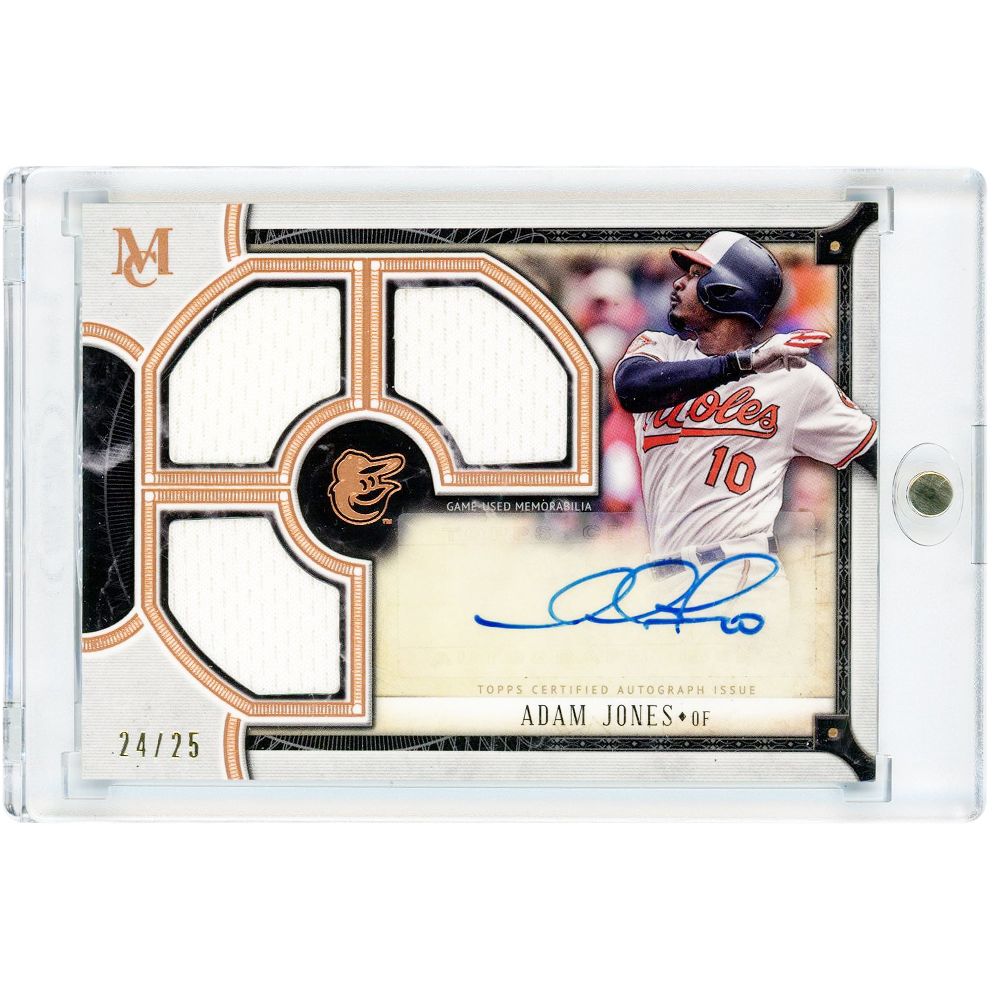 Carte autographiée d'Adam Jones (Baltimore Orioles) de la collection Topps Museum 2018, avec des morceaux de maillot portés en match (triple signature) #TRA-AJ #24/25