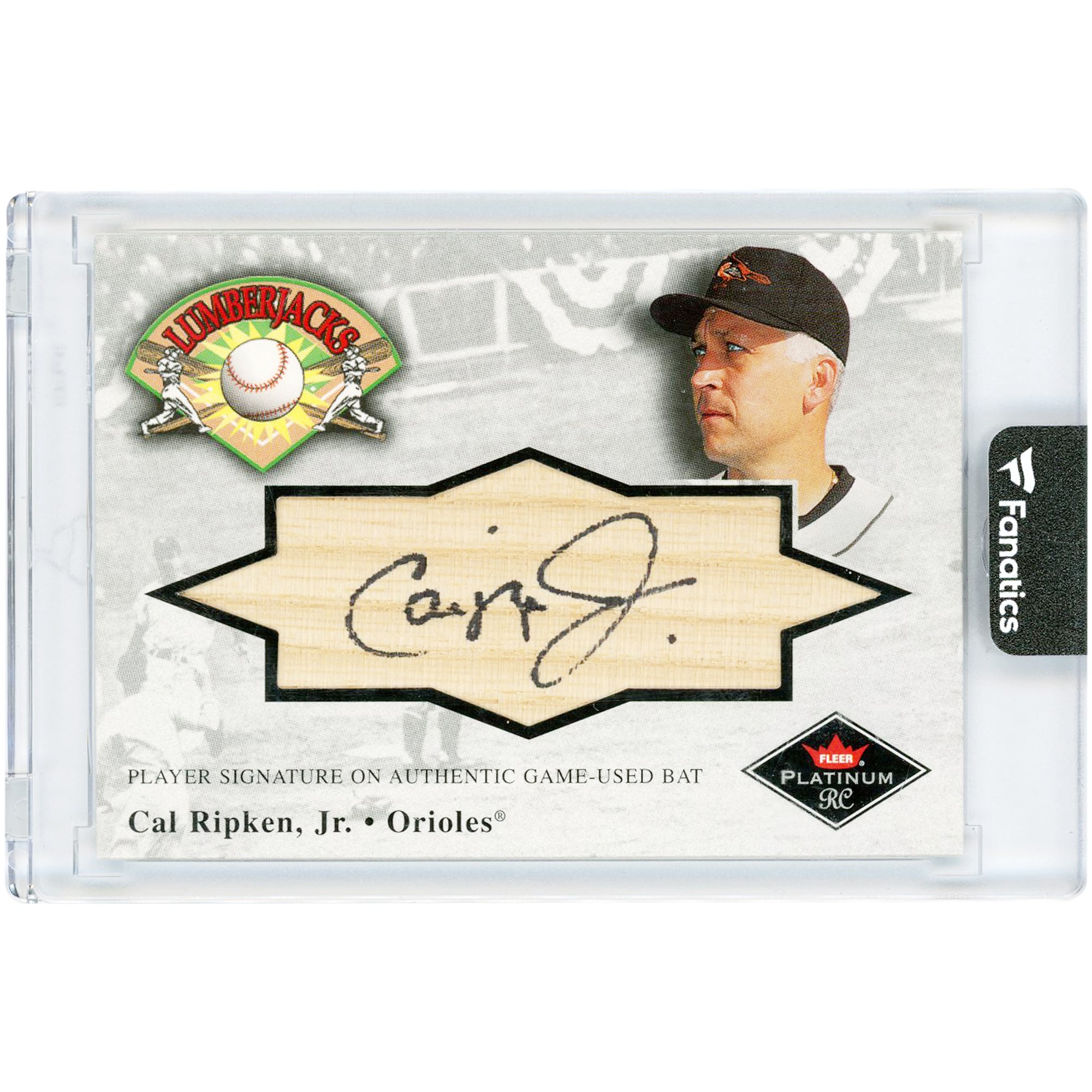Carte relique de batte utilisée en match par Cal Ripken Jr. (Baltimore Orioles) de 2001, signée par Fleer Lumberjacks #CR