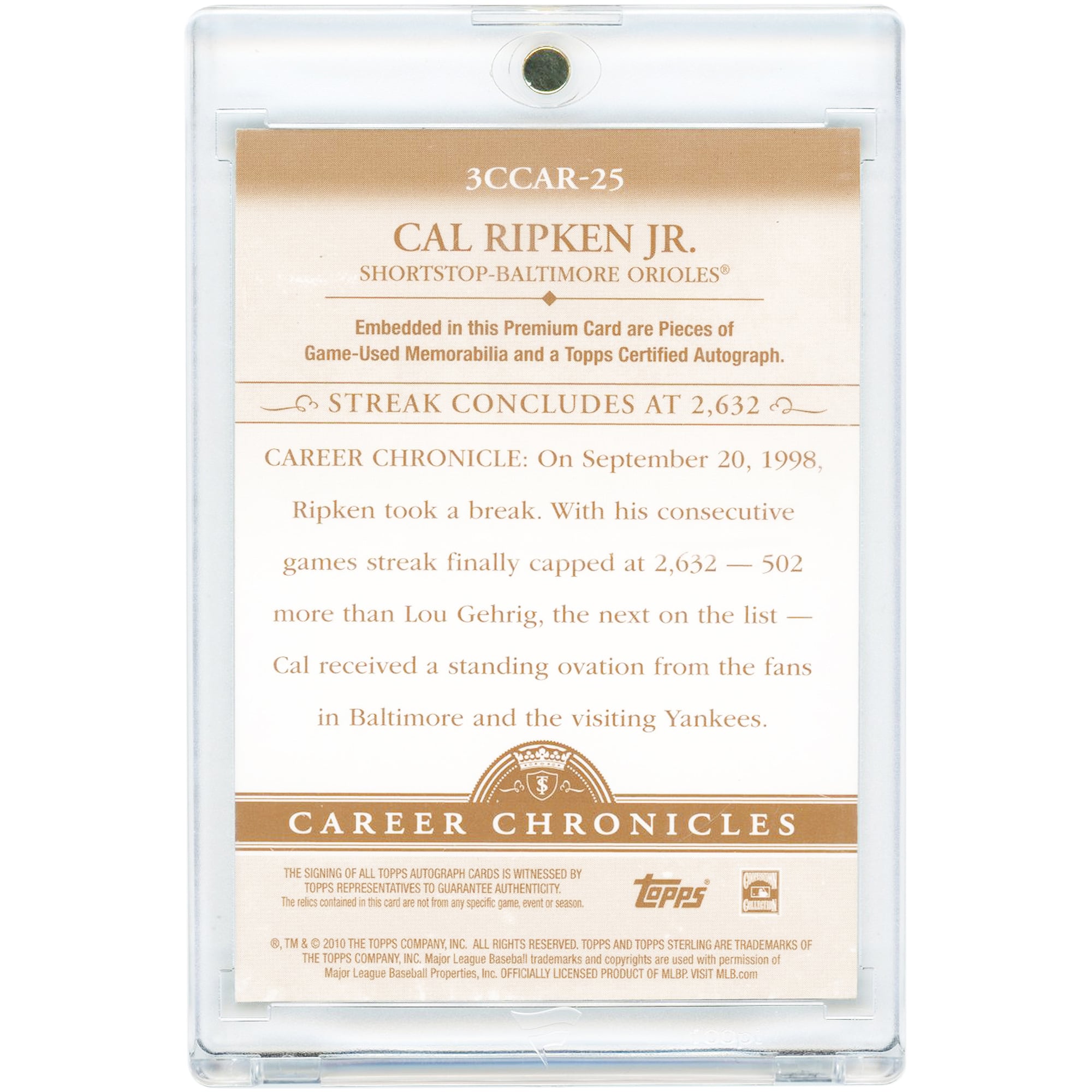 Cal Ripken Jr. Baltimore Orioles Autographed 2010 Topps Sterling Career Chronicles Memorabilia Relics #3CCAR-25 #2/10 Card