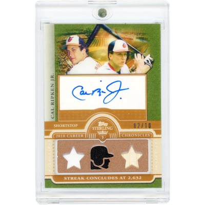 Cal Ripken Jr. Baltimore Orioles Autographed 2010 Topps Sterling Career Chronicles Memorabilia Relics #3CCAR-25 #2/10 Card