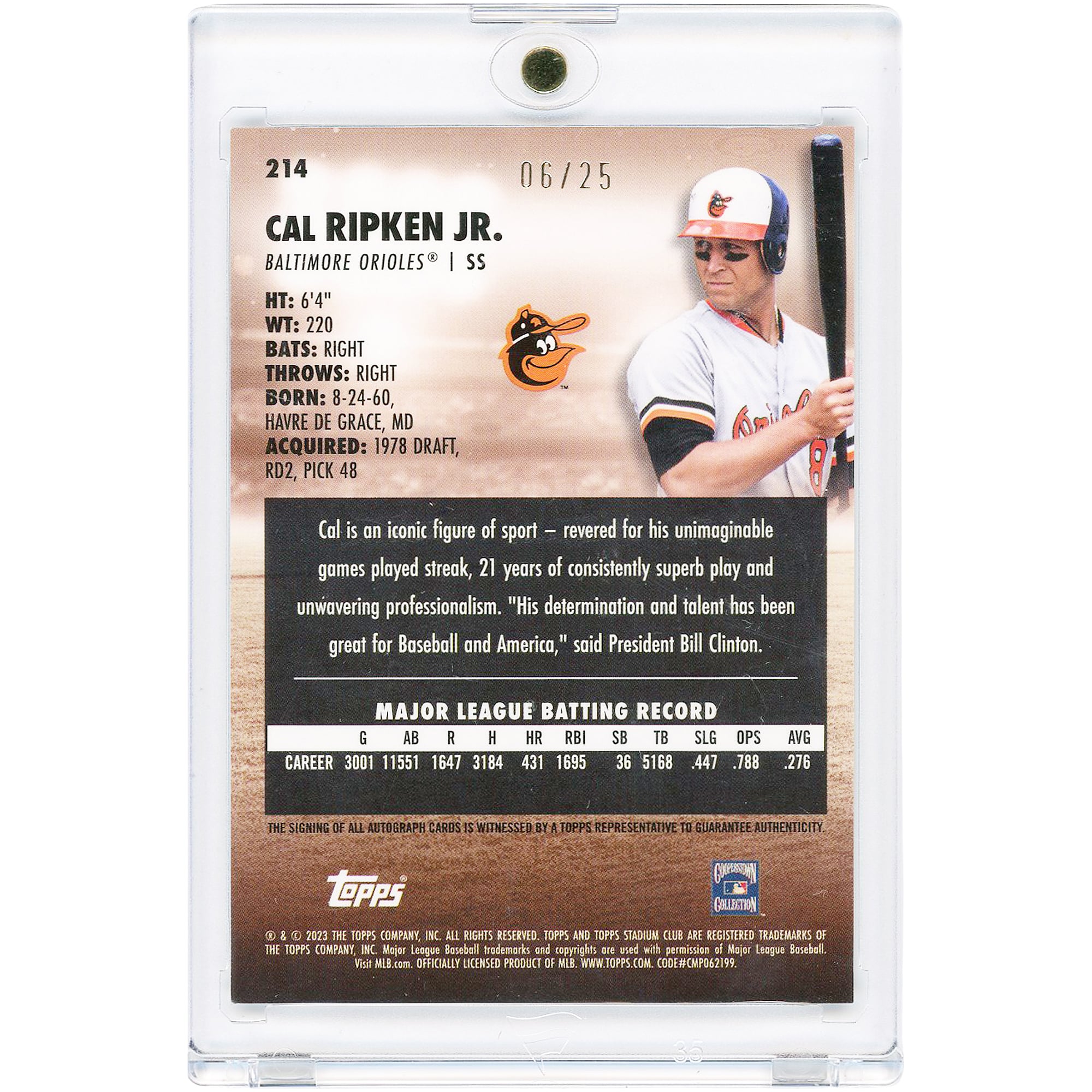 Cal Ripken Jr. Baltimore Orioles Autographed 2023 Topps Stadium Club Chrome Refractor #214 #6/25 Card