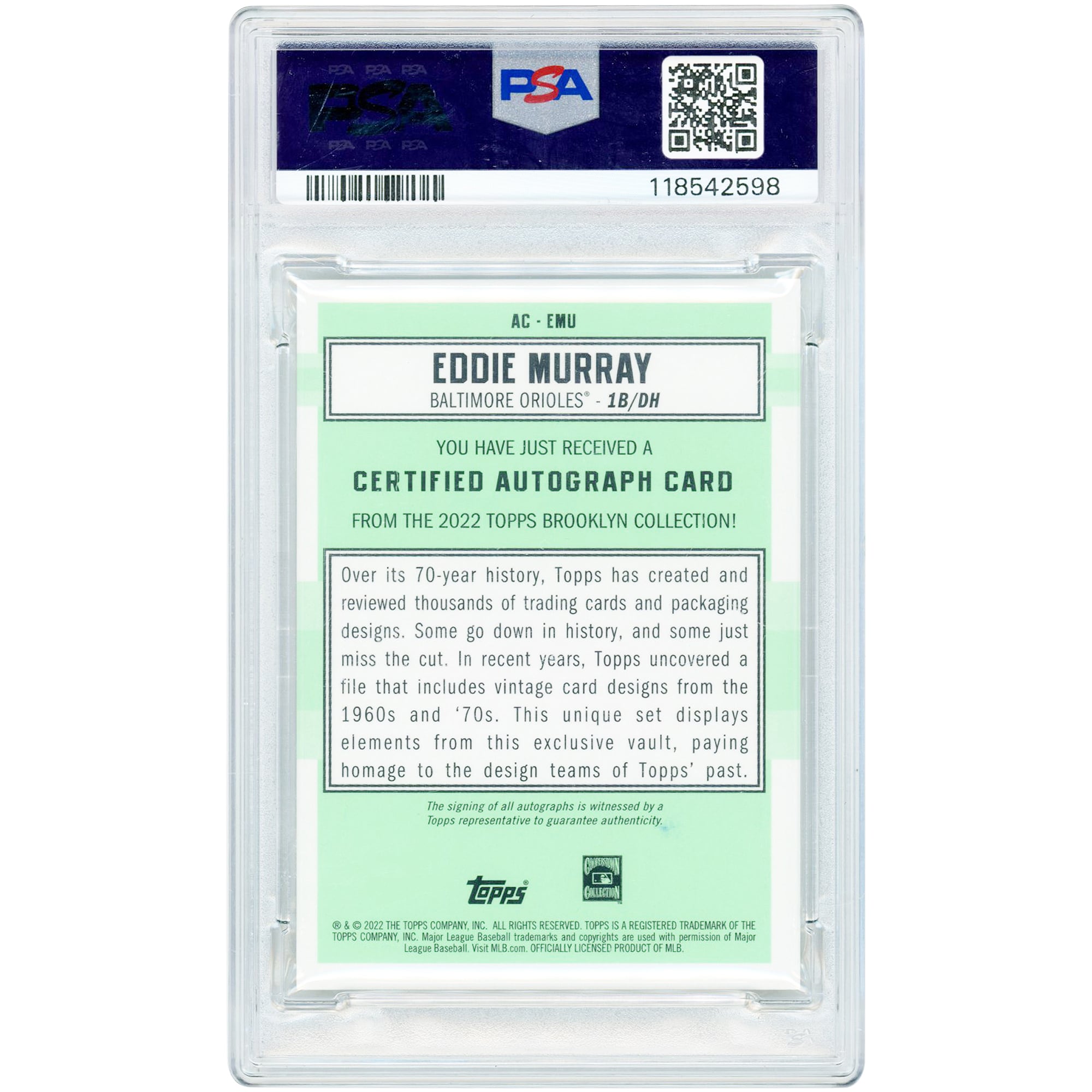 Eddie Murray Baltimore Orioles Autographed 2022 Topps Brooklyn Collection #AC-EMU #93/99 PSA Authenticated 10 Card