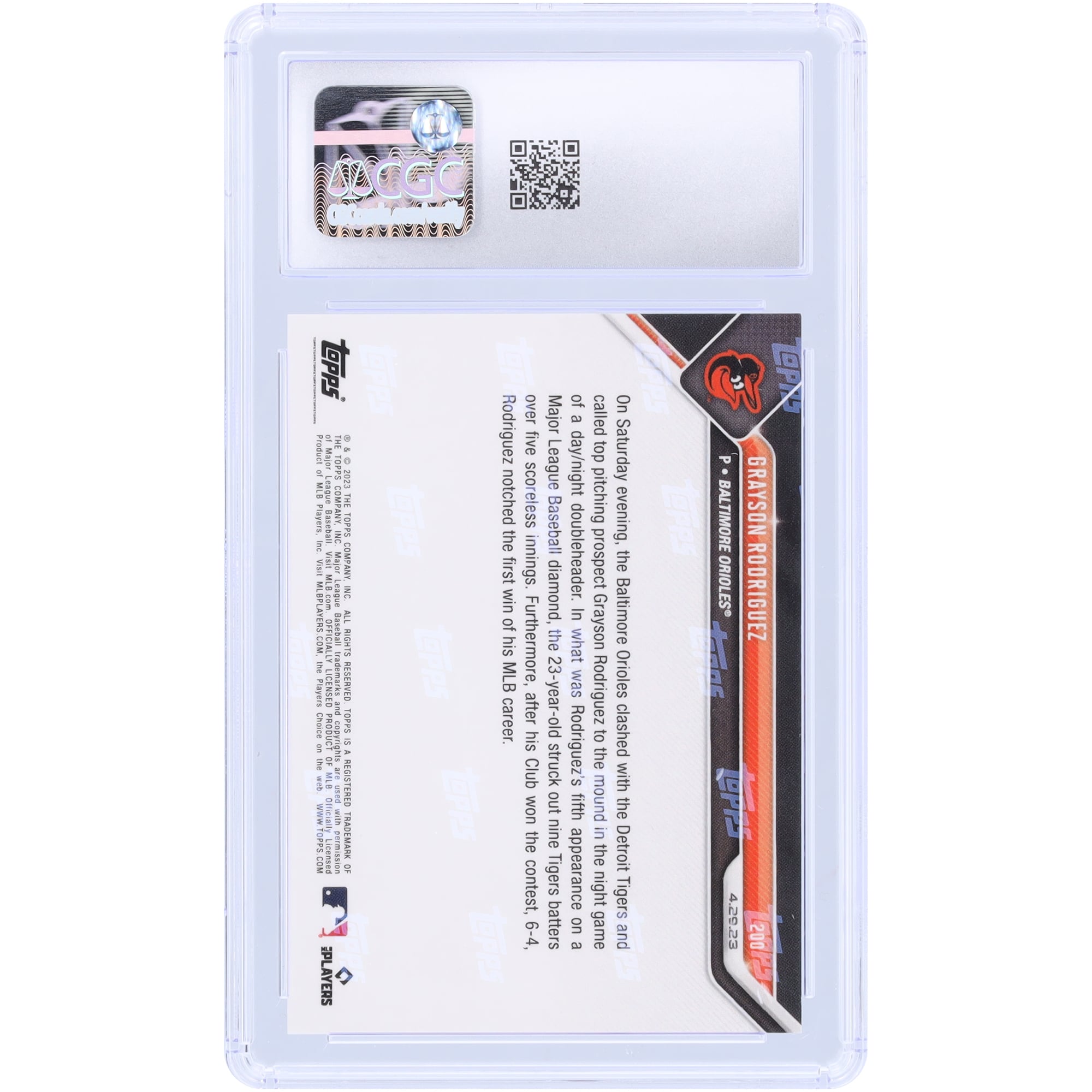 Grayson Rodriguez Baltimore Orioles 2023 Topps Now Whiffs Nine Batters En-Route To 1st MLB Victory #200 CGC Authenticated 10 Rookie Card