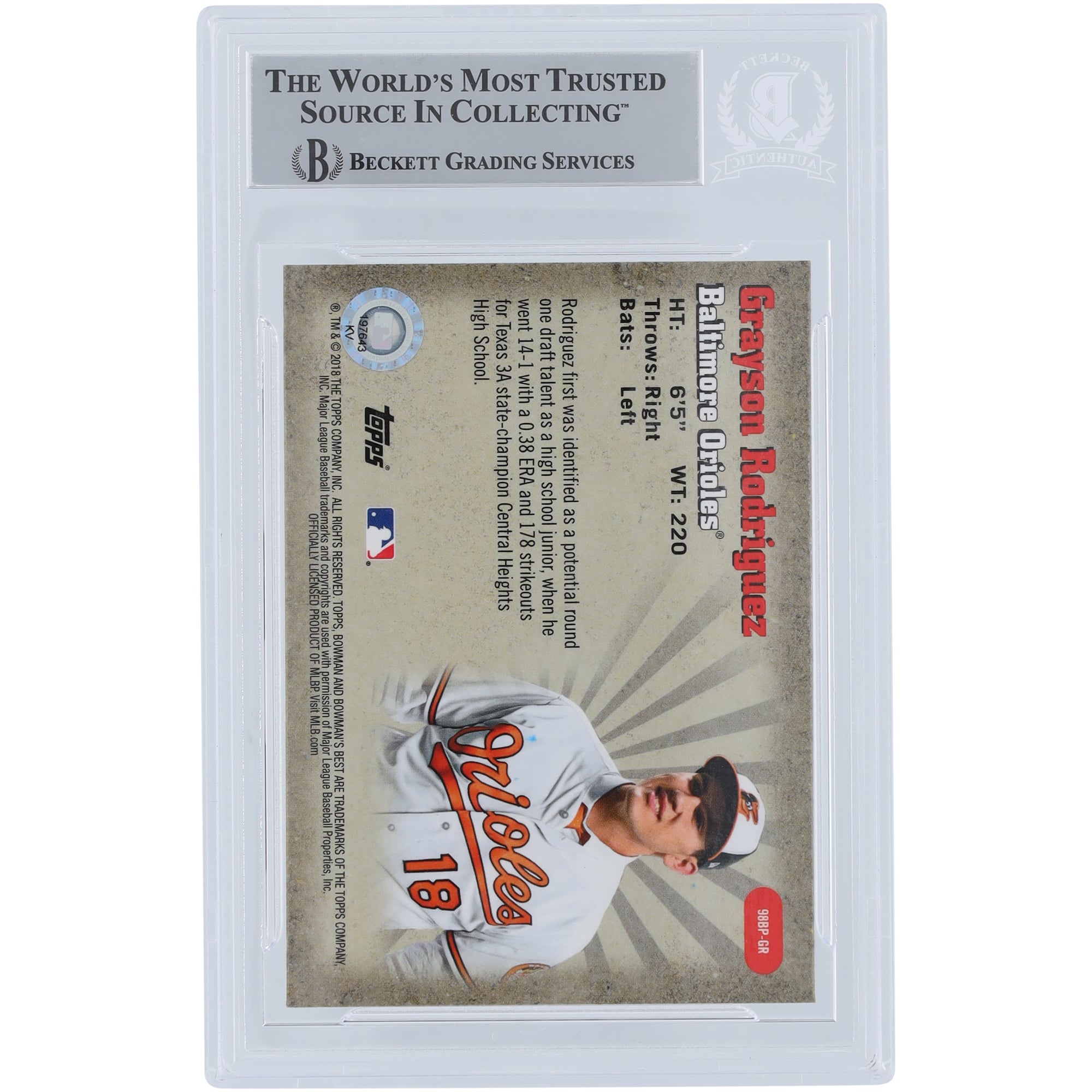 Grayson Rodriguez Baltimore Orioles Autographed 2018 Bowman's Best 98 Best Performers Refractors #98BP-GR Beckett Fanatics Witnessed Authenticated Card