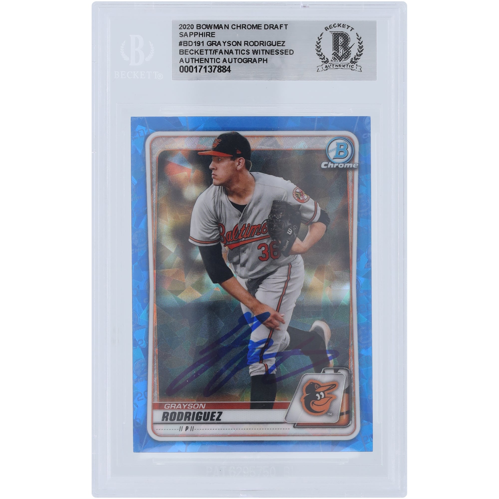 Grayson Rodriguez Baltimore Orioles Autographed 2020 Bowman Chrome Draft Sapphire #BD-191 Beckett Fanatics Witnessed Authenticated Card