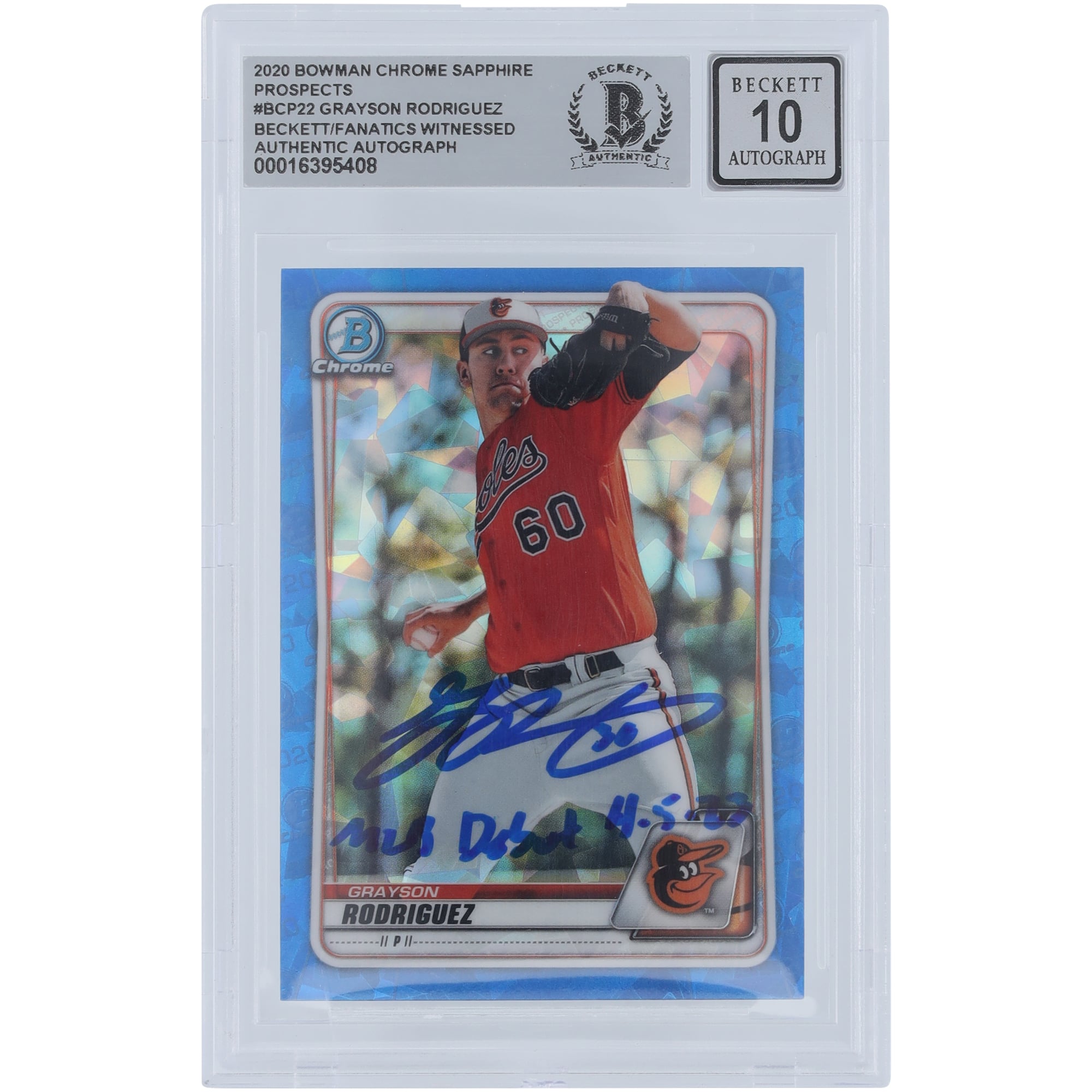 Grayson Rodriguez Baltimore Orioles Autographed 2020 Bowman Chrome Prospects Sapphire #BCP-22 Beckett Fanatics Witnessed Authenticated Card with "MLB Debut 4-5-23" Inscription