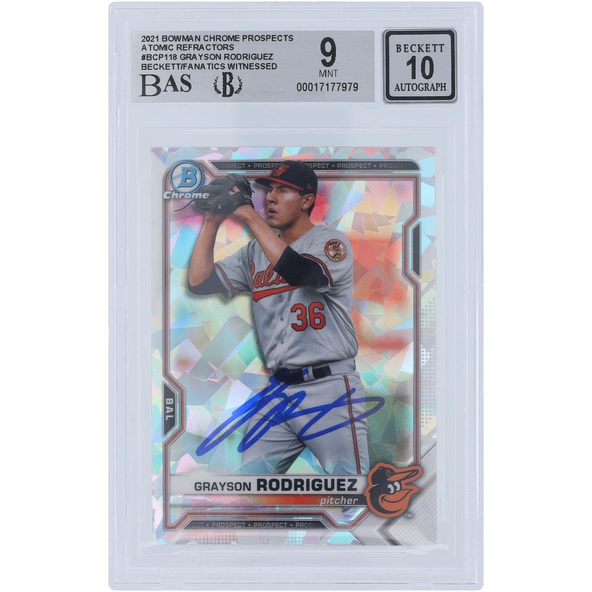 Grayson Rodriguez Baltimore Orioles Autographed 2021 Bowman Chrome Prospects Atomic Refractor #BCP-118 Beckett Fanatics Witnessed Authenticated 9/10 Card