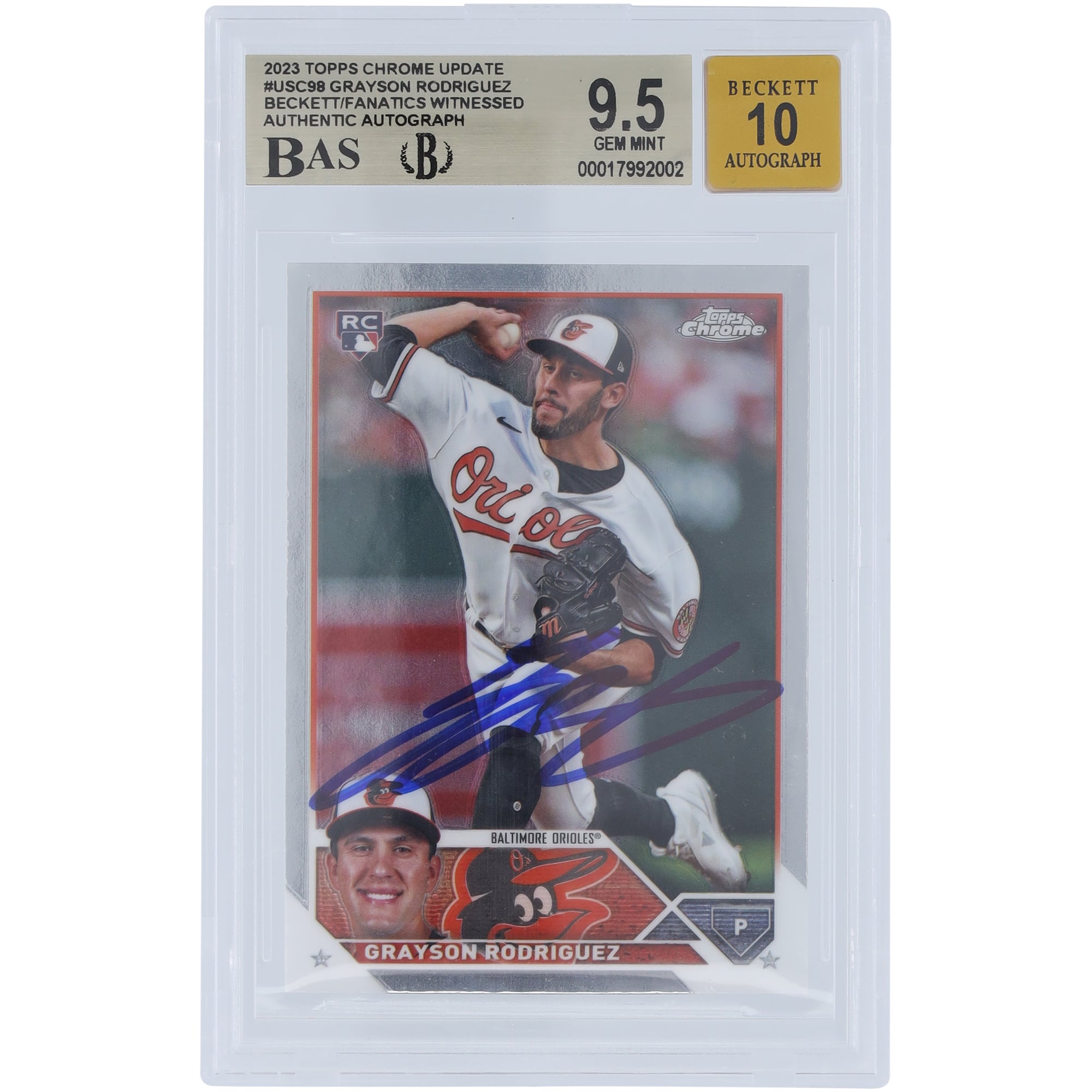 Grayson Rodriguez Baltimore Orioles Autographed 2023 Topps Chrome Update #USC98 Beckett Fanatics Witnessed Authenticated 9.5/10 Rookie Card