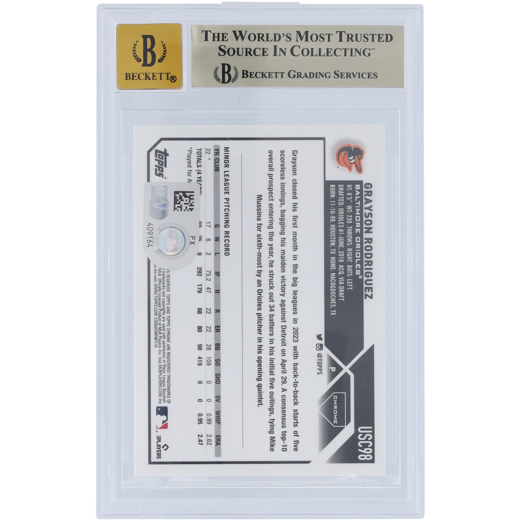 Grayson Rodriguez Baltimore Orioles Autographed 2023 Topps Chrome Update #USC98 Beckett Fanatics Witnessed Authenticated 9.5/10 Rookie Card