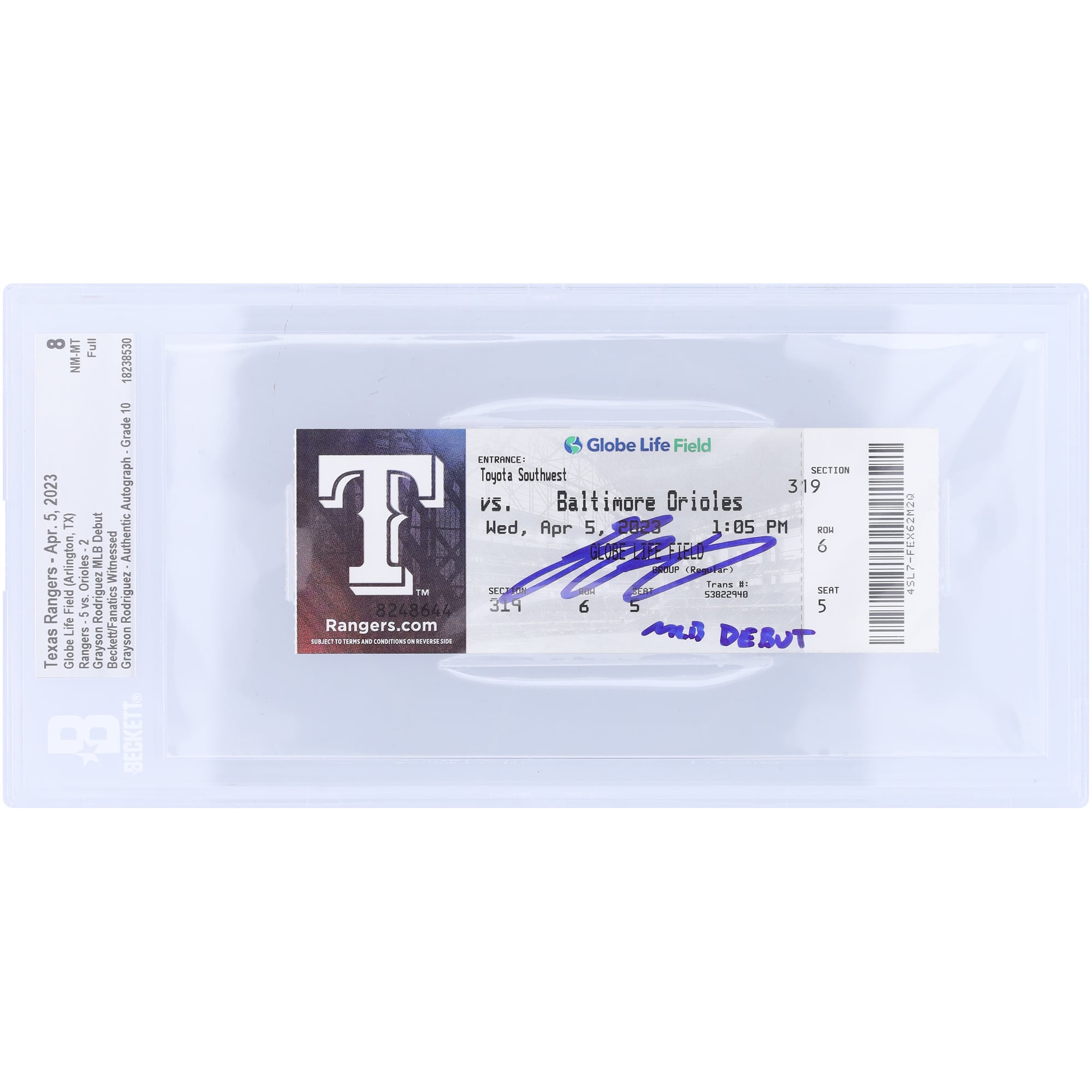 Grayson Rodriguez Baltimore Orioles Autographed MLB Debut Beckett Fanatics Witnessed Authenticated /10 Ticket from April 5