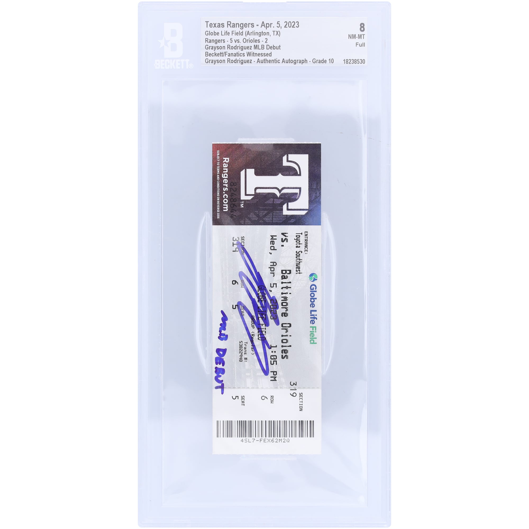 Grayson Rodriguez Baltimore Orioles Autographed MLB Debut Beckett Fanatics Witnessed Authenticated /10 Ticket from April 5