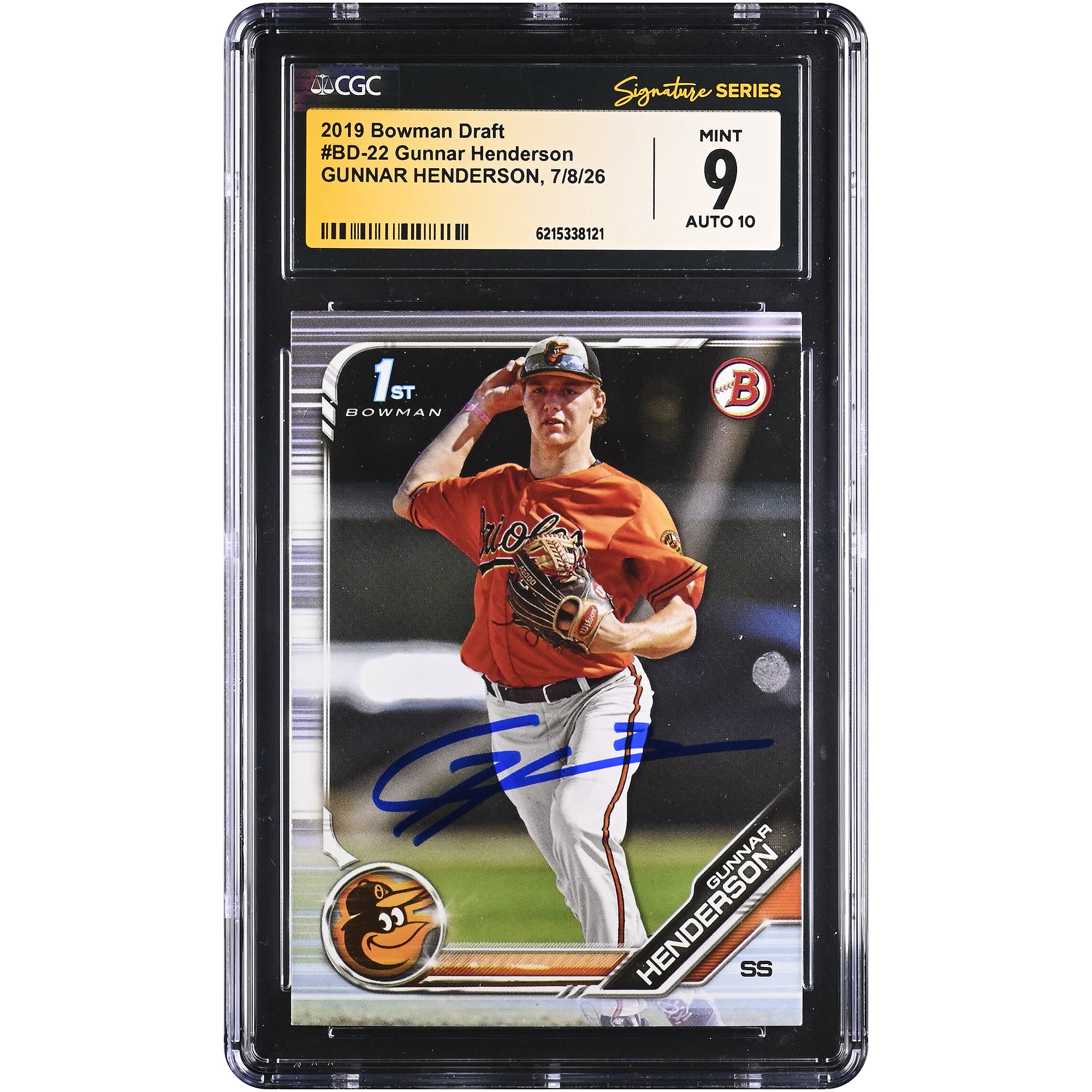 Carte autographiée de Gunnar Henderson (Baltimore Orioles), repêchage Bowman 2019, numéro BD-22, authentifiée par Fanatics Witnessed (CGC, état 9/10).