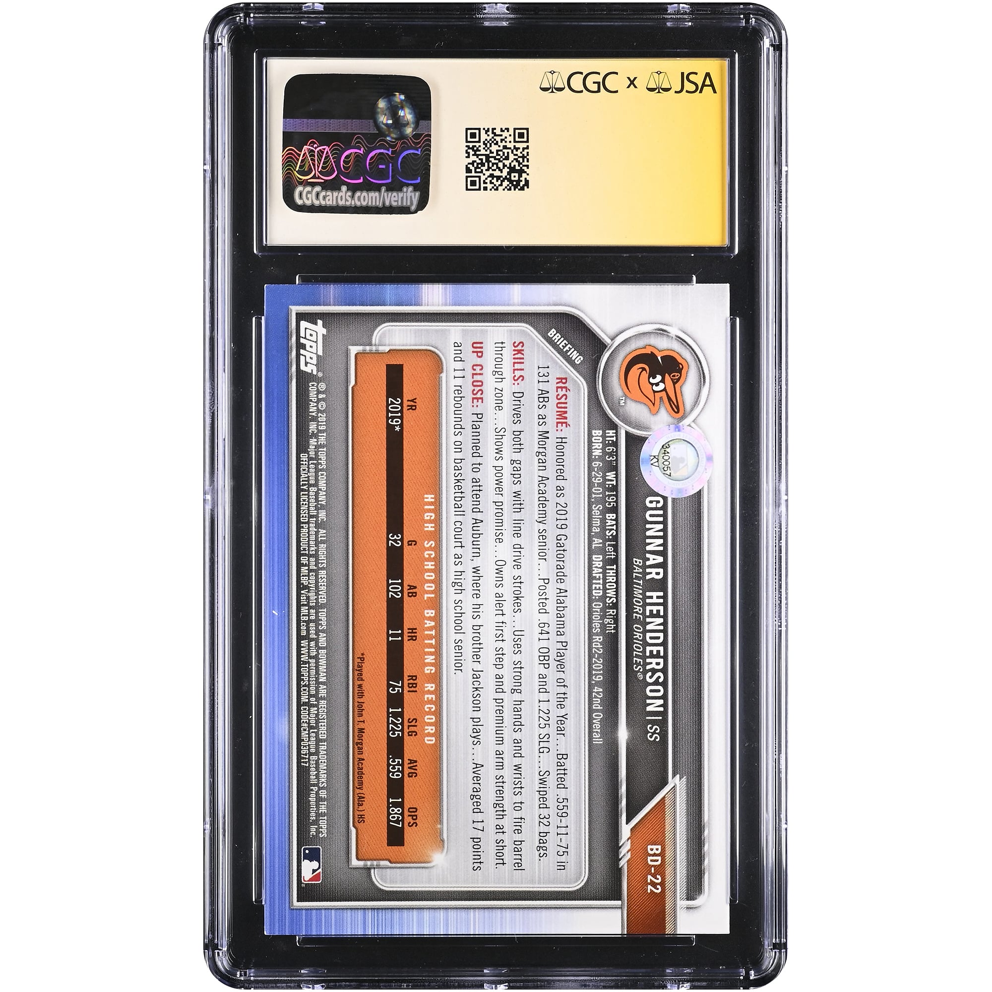Carte autographiée de Gunnar Henderson (Baltimore Orioles), repêchage Bowman 2019, numéro BD-22, authentifiée par Fanatics Witnessed (CGC, état 9/10).