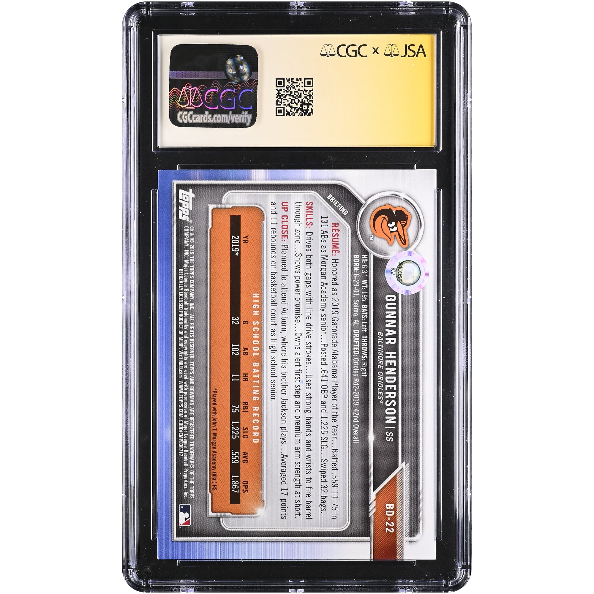 Carte autographiée de Gunnar Henderson (Baltimore Orioles), repêchage Bowman 2019, numéro BD-22, certifiée CGC Fanatics Witnessed AUTO 10.