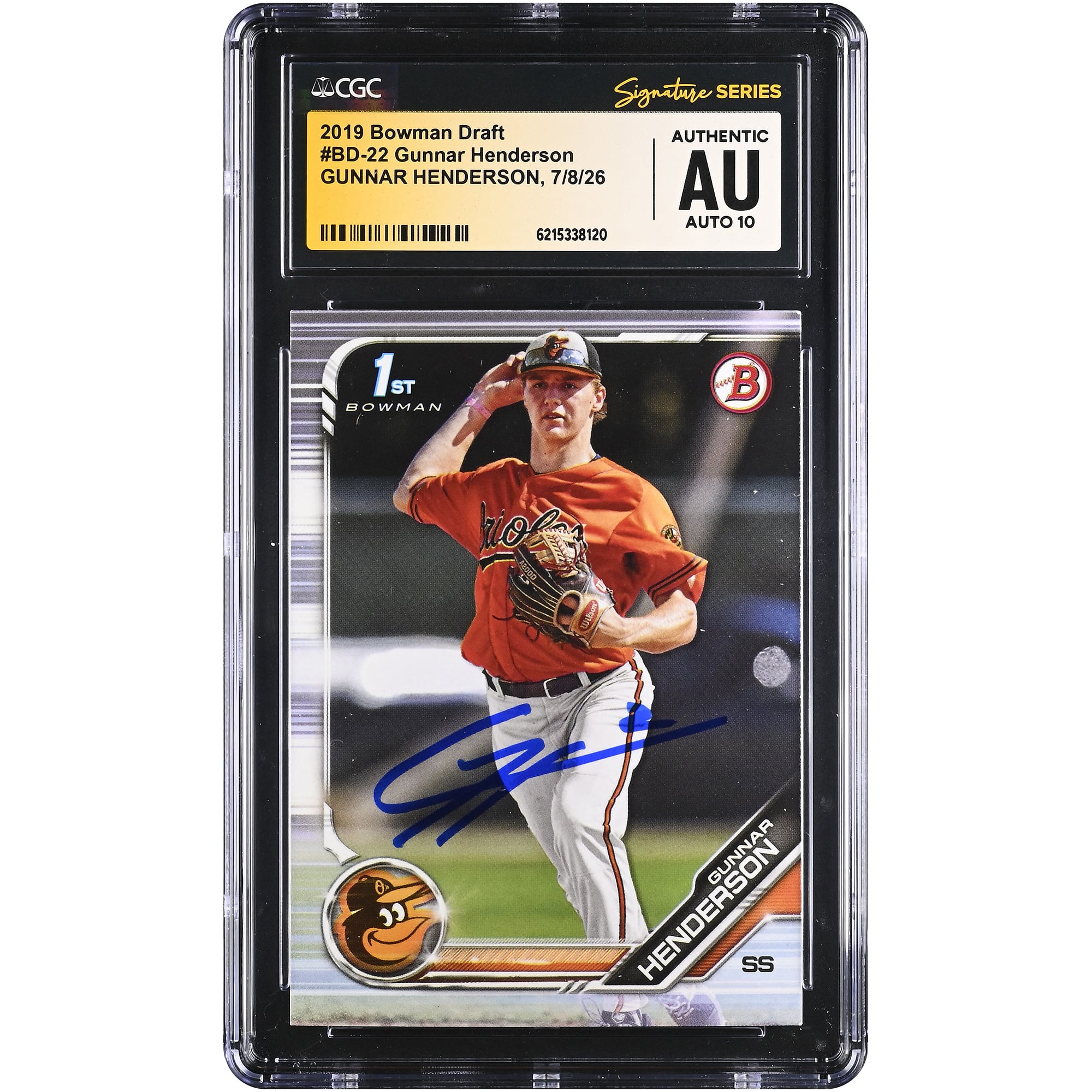 Carte autographiée de Gunnar Henderson (Baltimore Orioles), repêchage Bowman 2019, numéro BD-22, certifiée CGC Fanatics Witnessed AUTO 10.