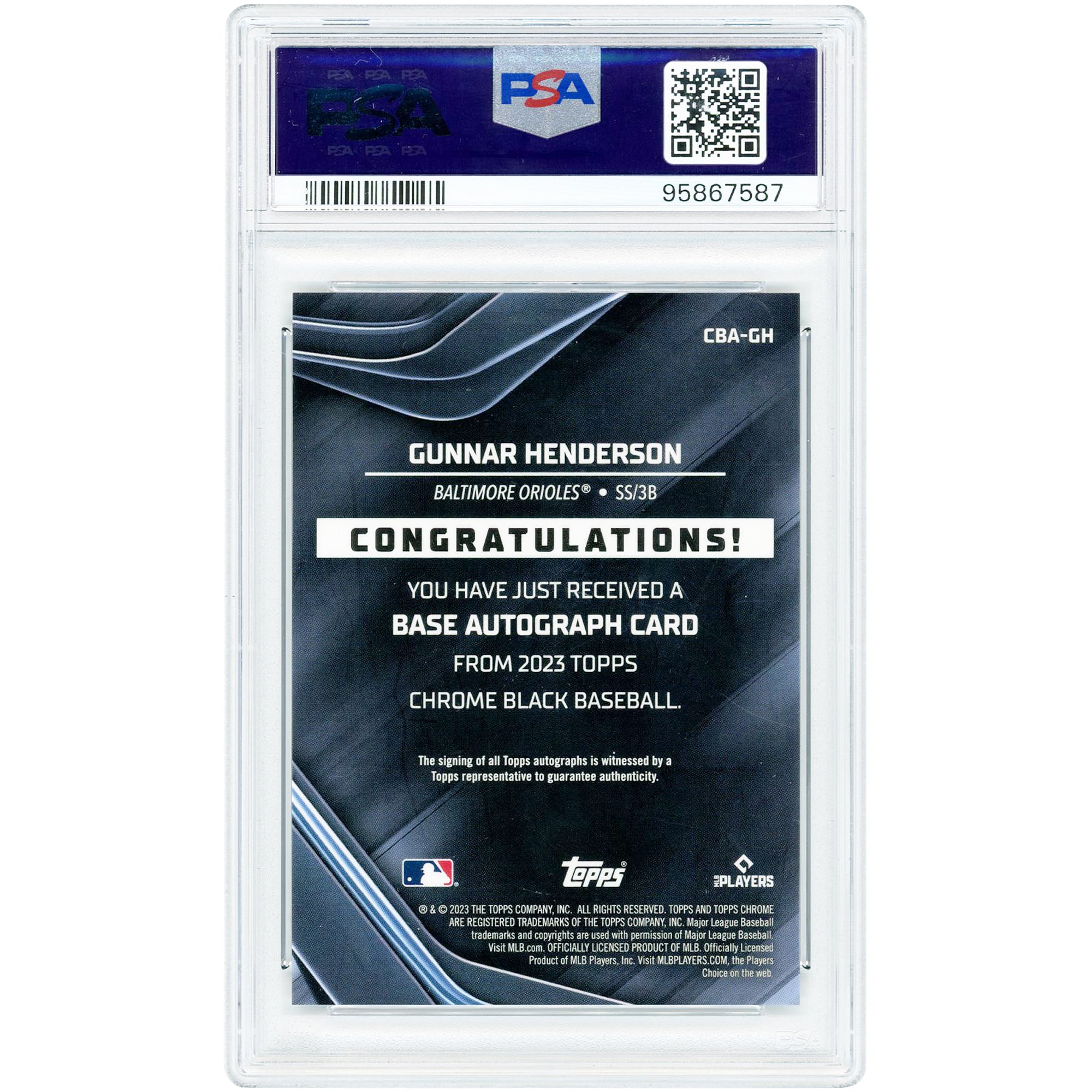 Gunnar Henderson Baltimore Orioles Autographed 2023 Topps Chrome Black #CBA-GH PSA Authenticated 10 Rookie Card