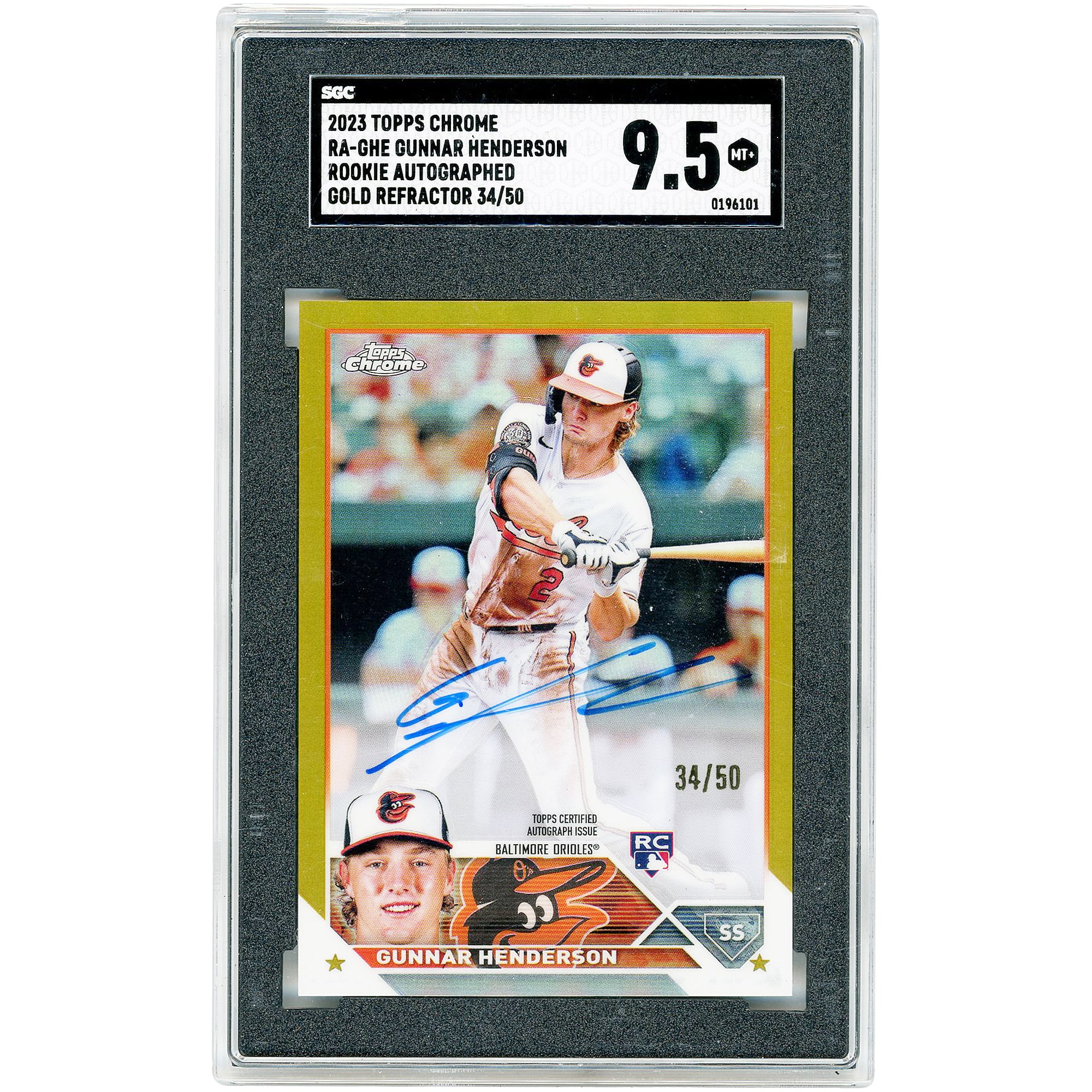Gunnar Henderson Baltimore Orioles Autographed 2023 Topps Chrome Gold Refractor #RA-GHE #34/50 SGC Authenticated 9.5 Rookie Card