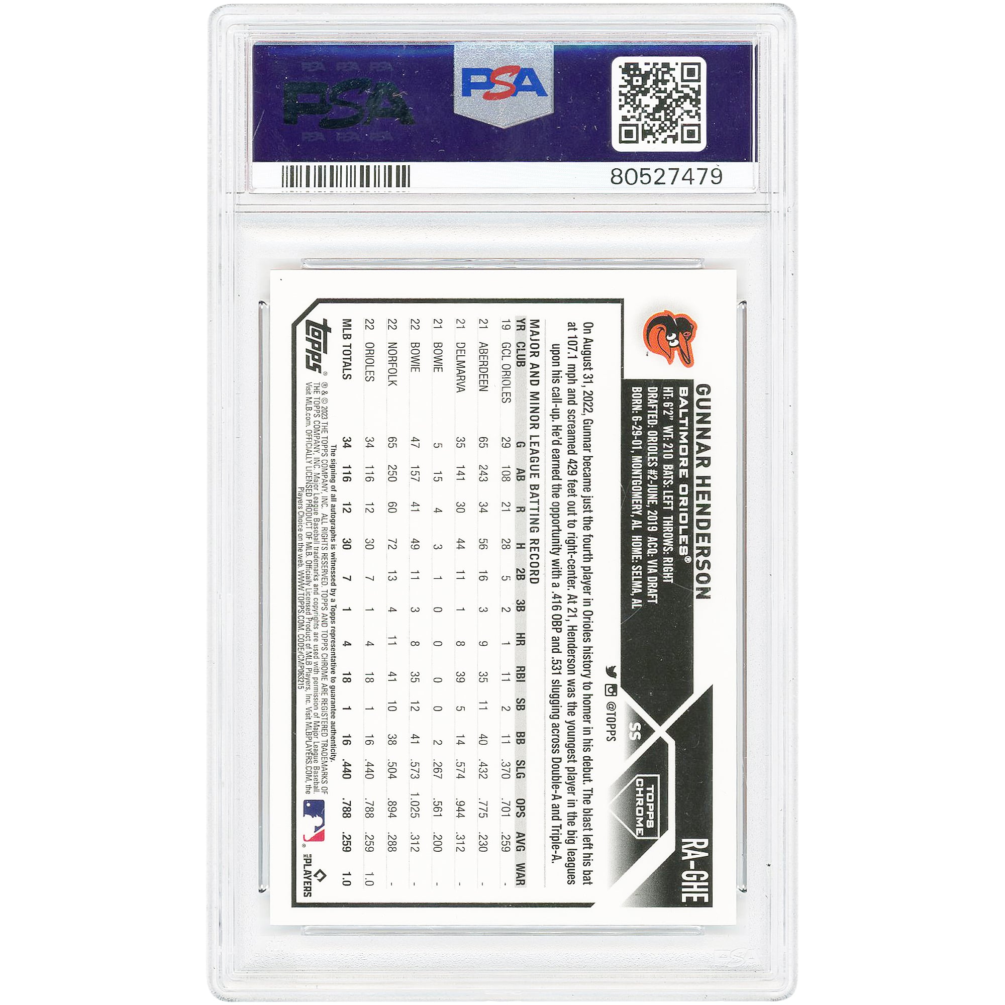 Carte recrue autographiée de Gunnar Henderson (Baltimore Orioles) 2023 Topps Chrome Orange Refractor #RA-GHE #3/25, authentifiée PSA 9