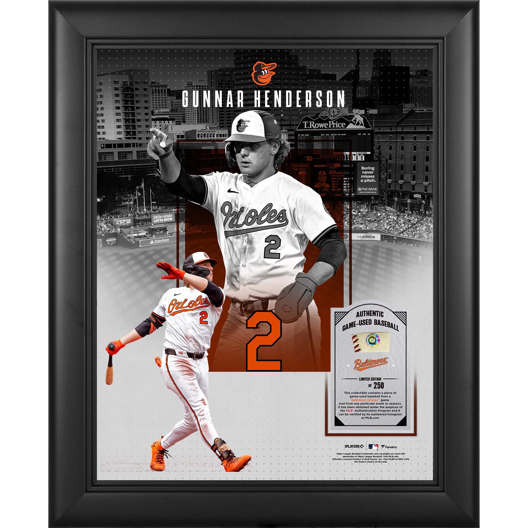 Collage encadré 11" x 14" de Gunnar Henderson, joueur des Orioles de Baltimore, avec un morceau de balle utilisée en match - Édition limitée à 250 exemplaires