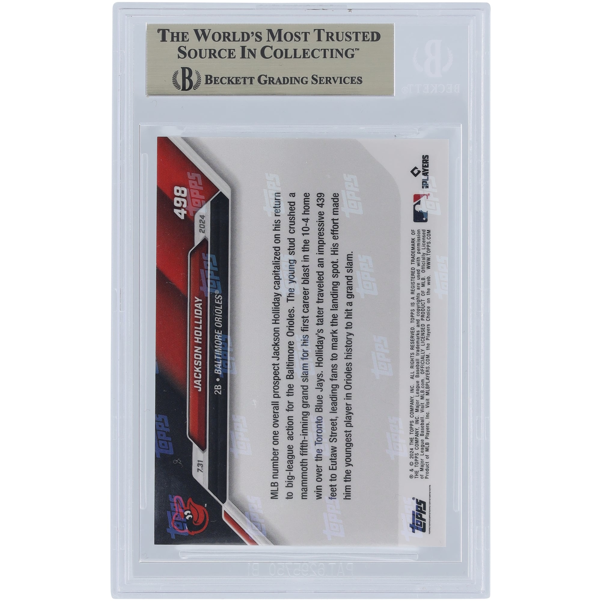 Jackson Holliday Baltimore Orioles 2024 Topps Now Happy Hollidays! 1st MLB HR is Grand Slam 07.31.24 #498 BGS Authenticated 10 Rookie Card - 10,10,10,9.5 Subgrades