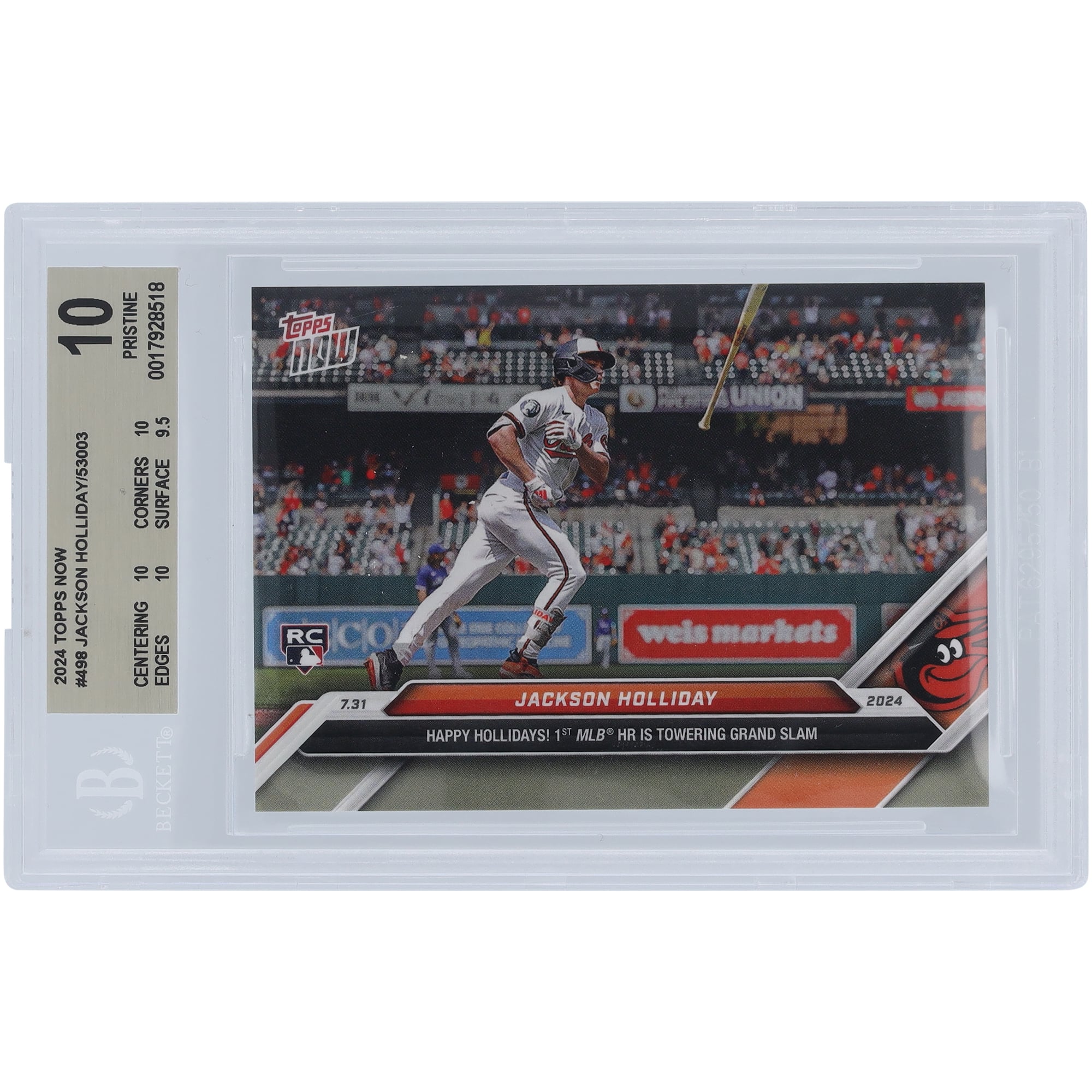 Jackson Holliday Baltimore Orioles 2024 Topps Now Happy Hollidays! 1st MLB HR is Grand Slam 07.31.24 #498 BGS Authenticated 10 Rookie Card - 10,10,10,9.5 Subgrades
