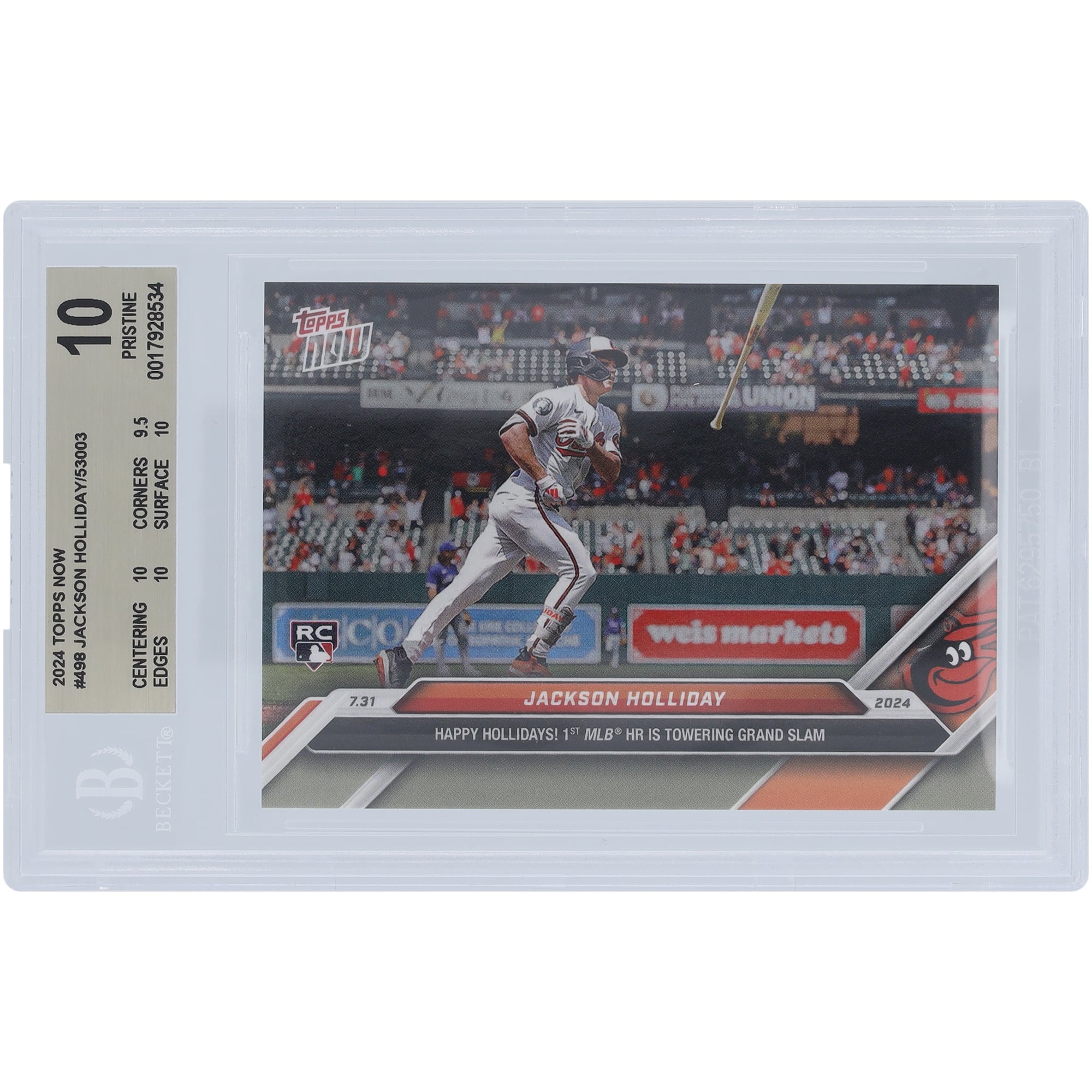 Jackson Holliday Baltimore Orioles 2024 Topps Now Happy Hollidays! 1st MLB HR is Grand Slam 07.31.24 #498 BGS Authenticated 10 Rookie Card - 10,9.5,10,10 Subgrades