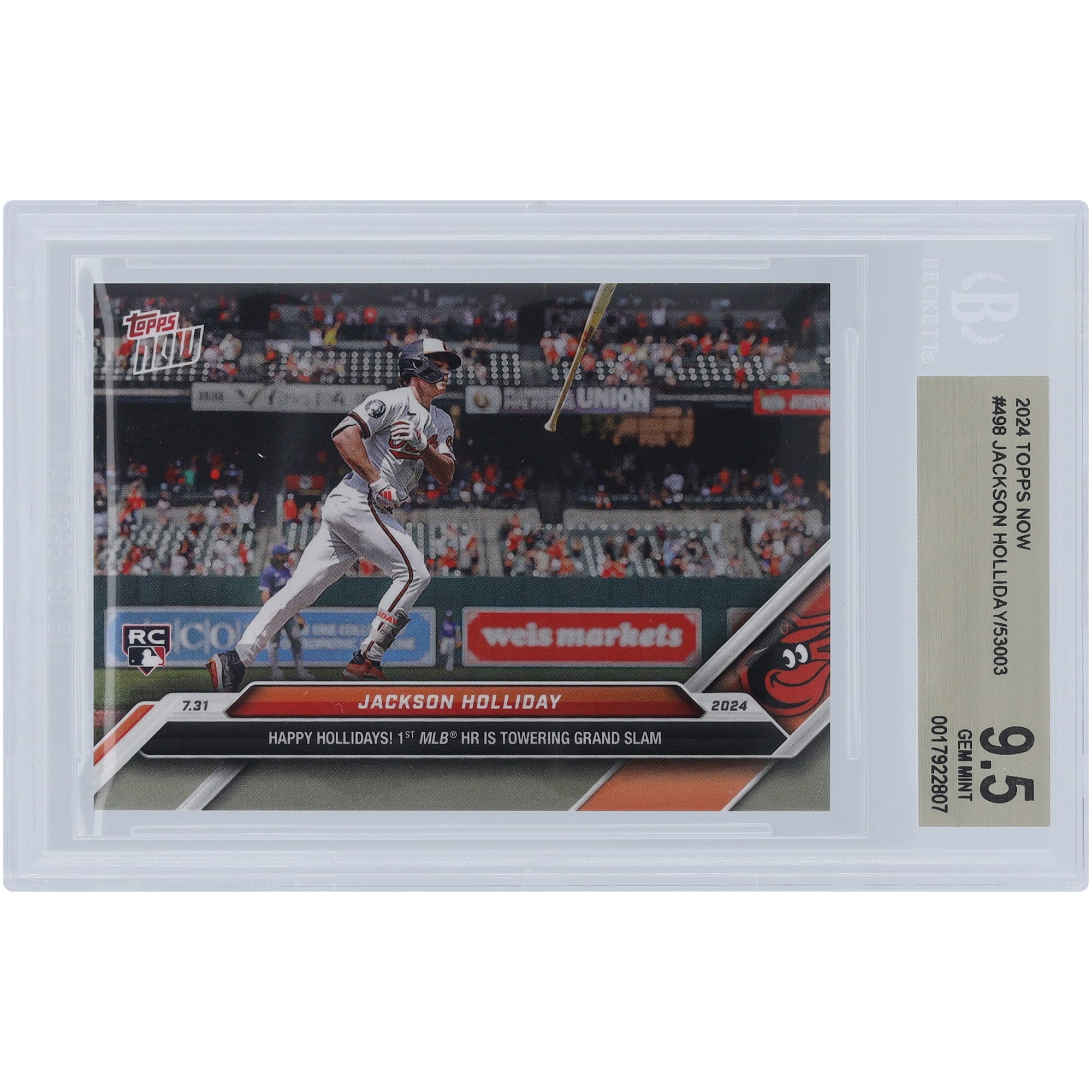 Jackson Holliday Baltimore Orioles 2024 Topps Now Happy Hollidays! 1st MLB HR is Grand Slam 07.31.24 #498 BGS Authenticated 9.5 Rookie Card