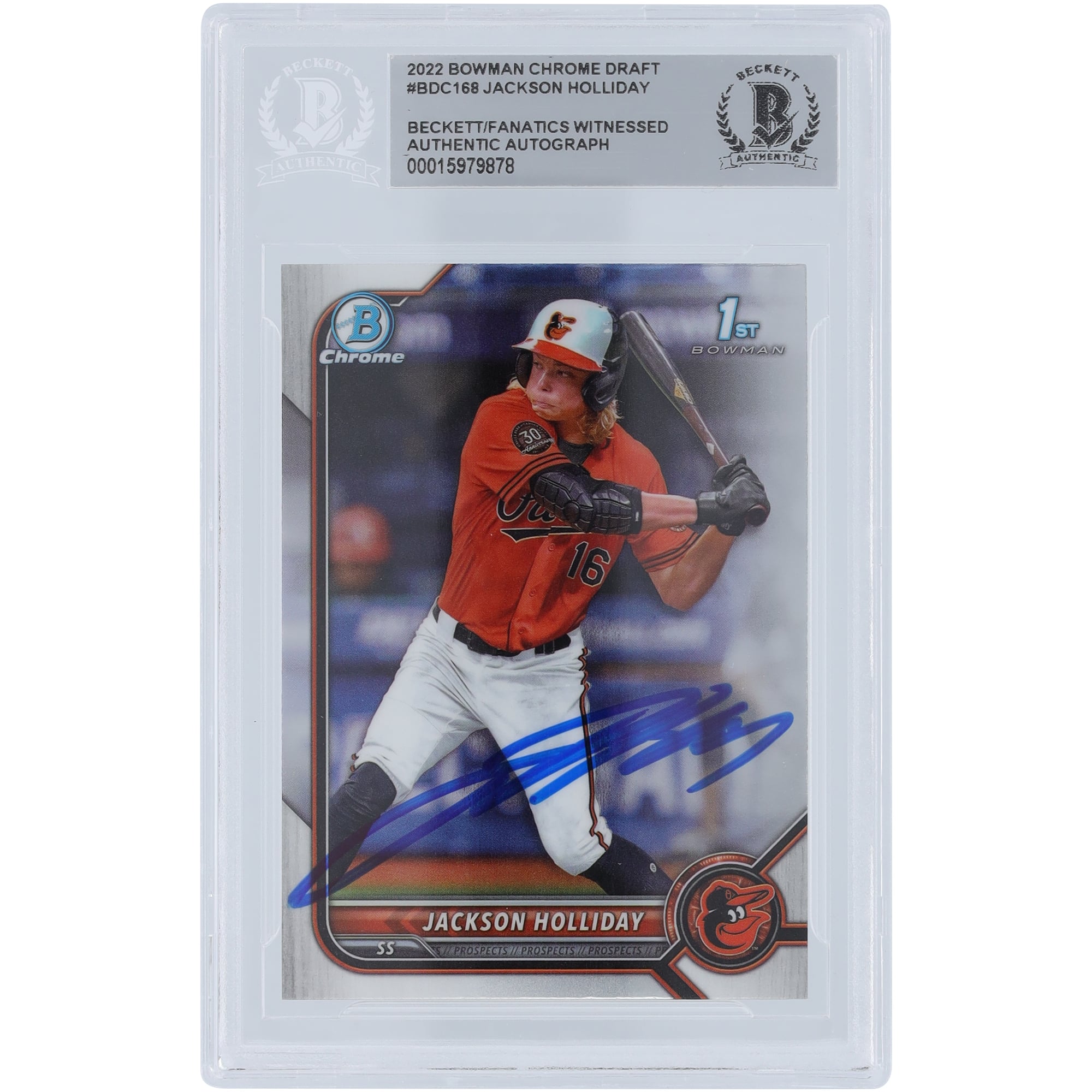 Jackson Holliday Baltimore Orioles Autographed 2022 Bowman Chrome Draft #BDC-168 Beckett Fanatics Witnessed Authenticated Card