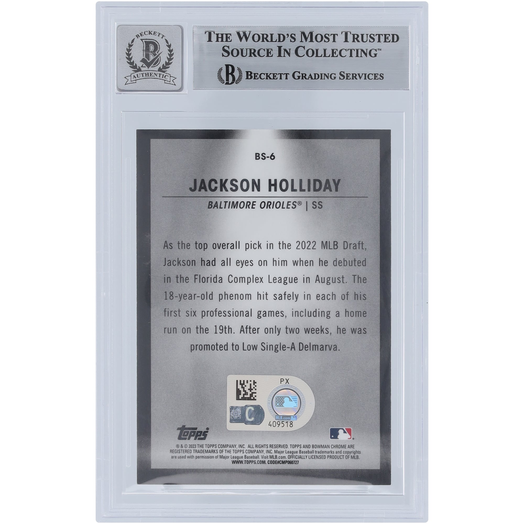 Jackson Holliday Baltimore Orioles Autographed 2023 Bowman Chrome Spotlights #BS-6 Beckett Fanatics Witnessed Authenticated 10 Card