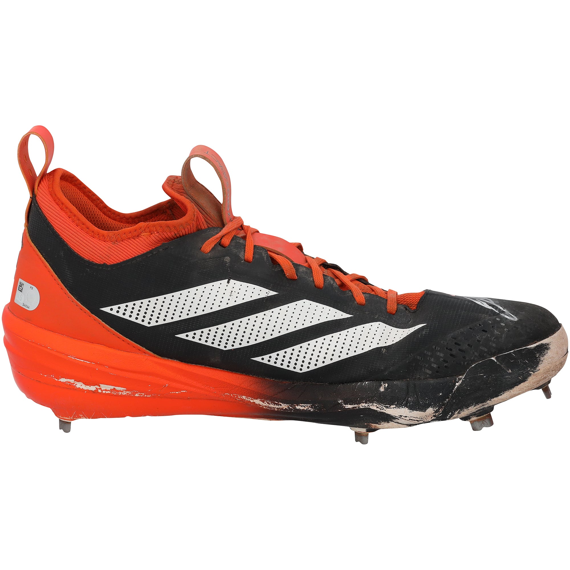 Crampons adidas noirs et orange portés en match par Jackson Holliday des Orioles de Baltimore lors de la saison 2025 de la MLB, authentifiés - NF70442516-17