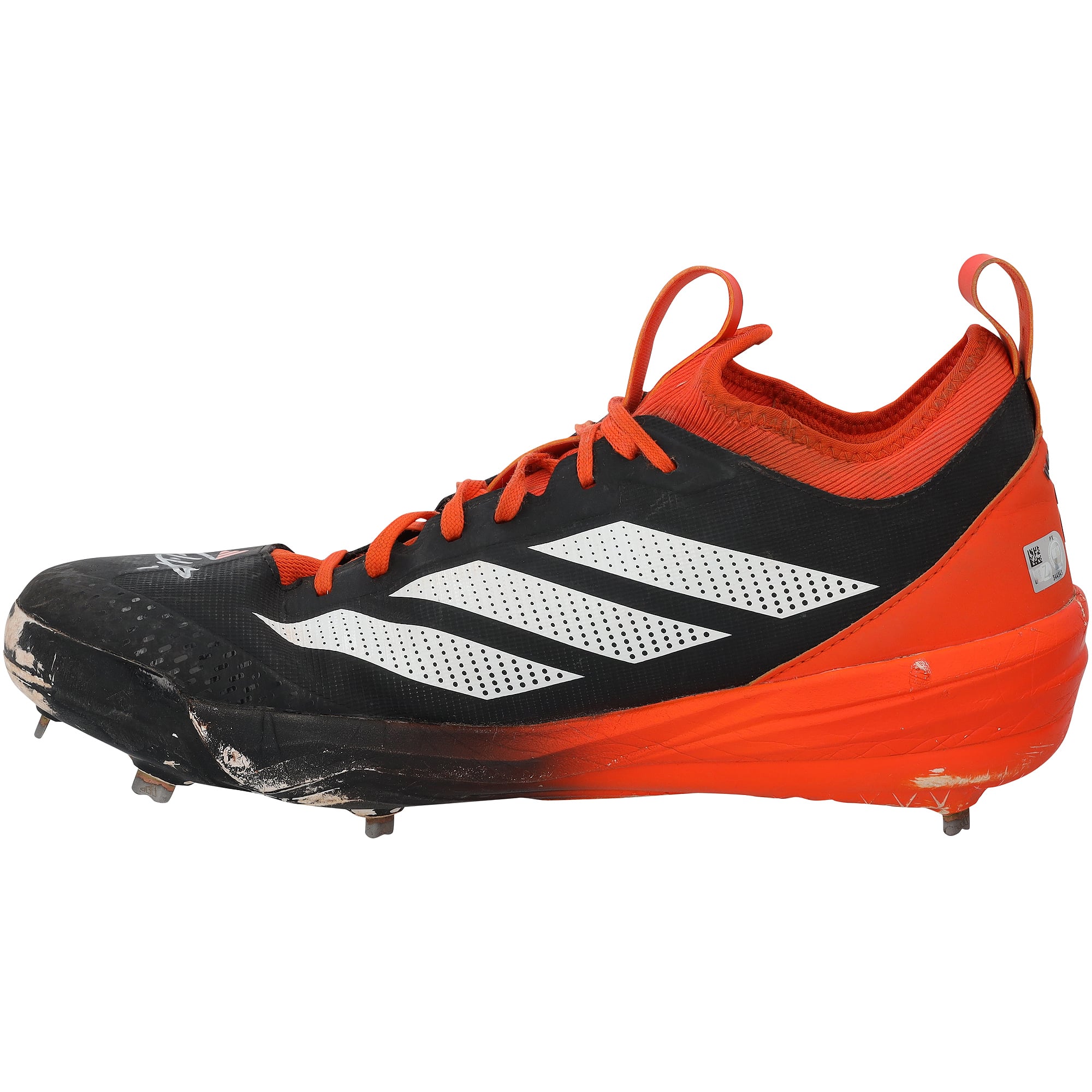 Crampons adidas noirs et orange portés en match par Jackson Holliday des Orioles de Baltimore lors de la saison 2025 de la MLB, authentifiés - NF70442516-17
