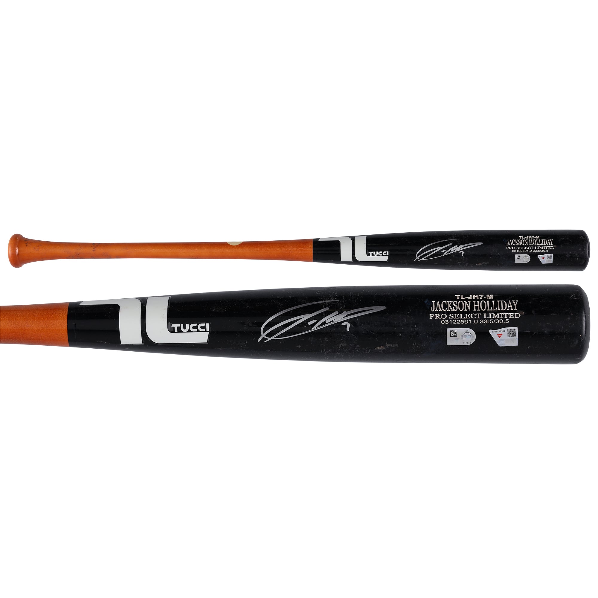 Jackson Holliday Baltimore Orioles Autographed Game-Used Black/Orange Tucci Bat from the 2025 MLB Season - NF70442539