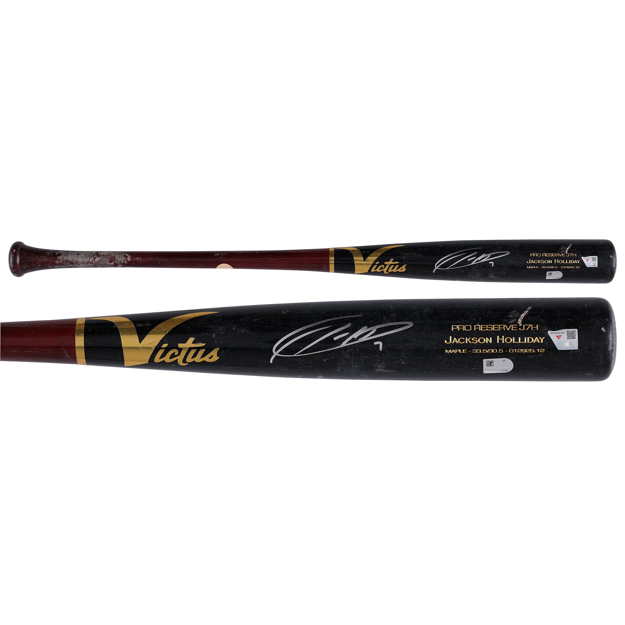 Jackson Holliday Baltimore Orioles Autographed Game-Used Black/Red Victus Bat from the 2025 MLB Season