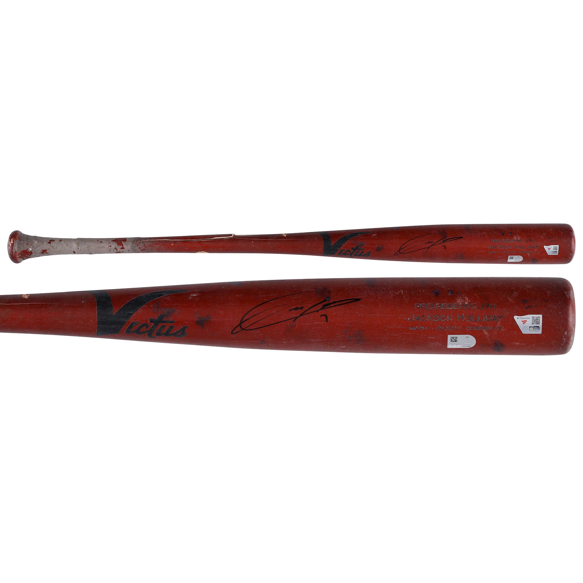 Bâton Victus rouge cassé, utilisé en match et autographié par Jackson Holliday des Orioles de Baltimore lors de la saison 2025 de la MLB - NF70442534