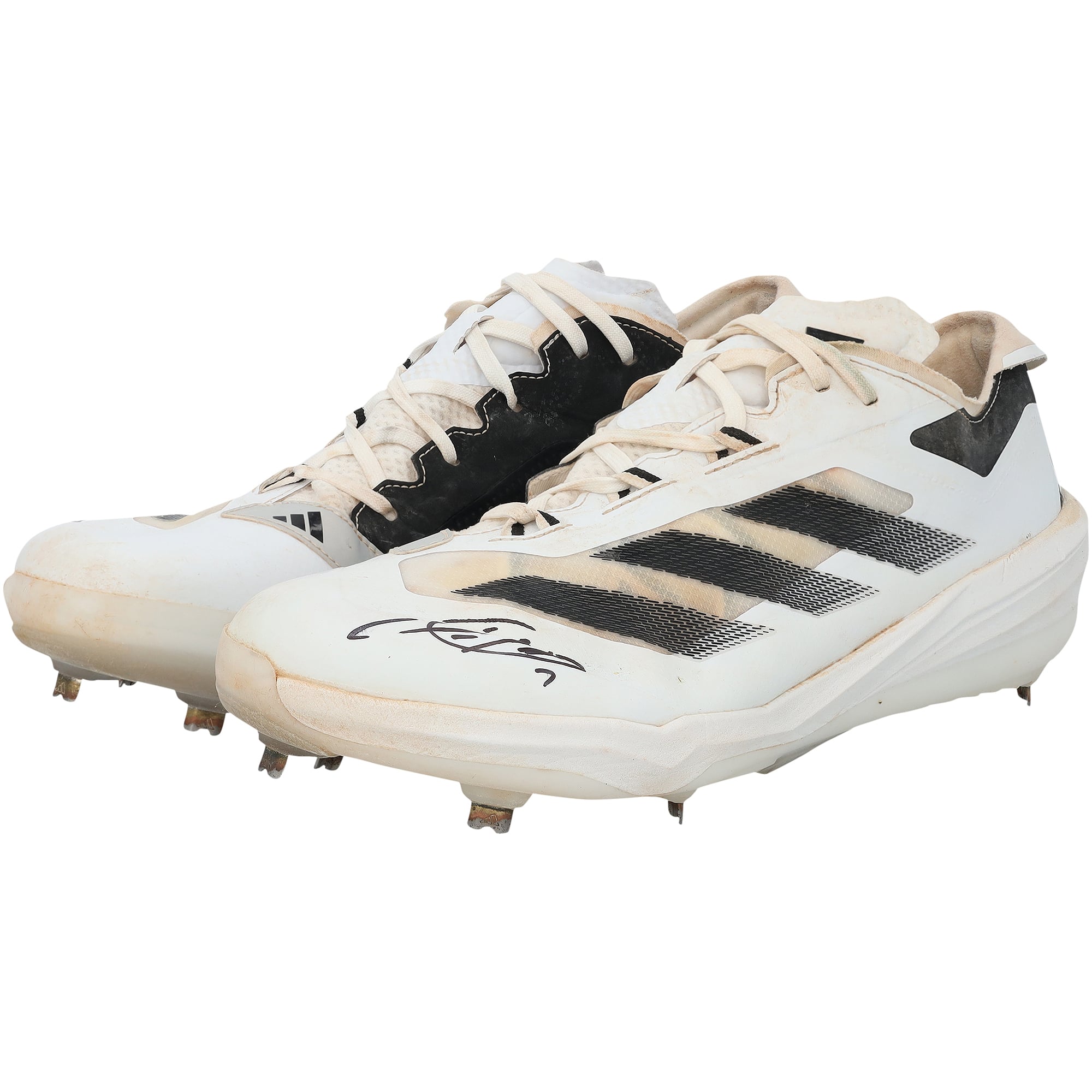 Crampons adidas blancs et noirs portés en match par Jackson Holliday des Orioles de Baltimore lors de la saison 2025 de la MLB, authentifiés - NF70442488-89