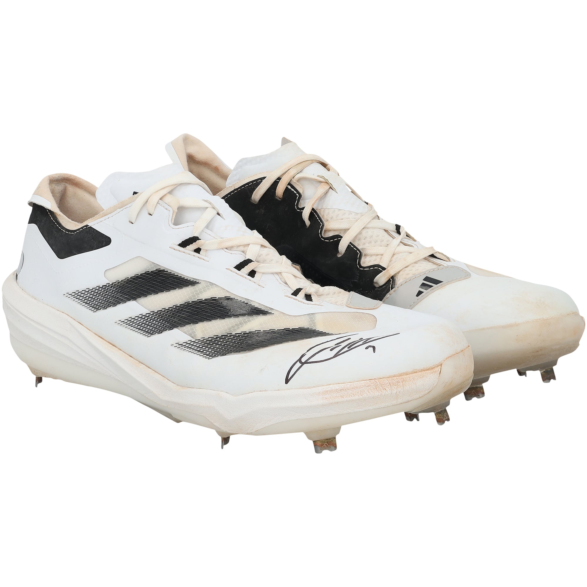 Crampons adidas blancs et noirs portés en match par Jackson Holliday des Orioles de Baltimore lors de la saison 2025 de la MLB, authentifiés - NF70442488-89