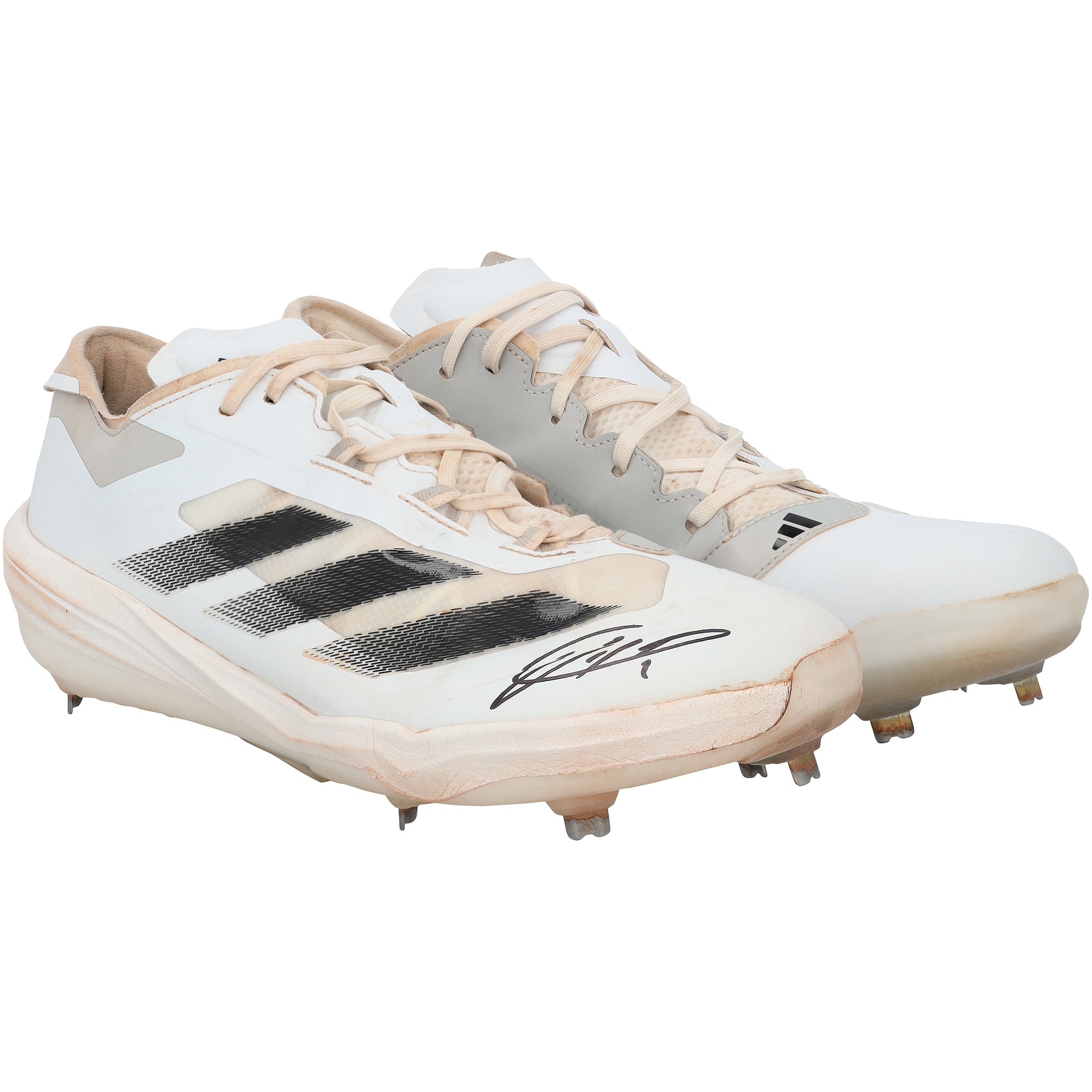 Crampons adidas blancs et gris portés en match par Jackson Holliday des Orioles de Baltimore lors de la saison 2025 de la MLB, authentifiés - NF70442494-95