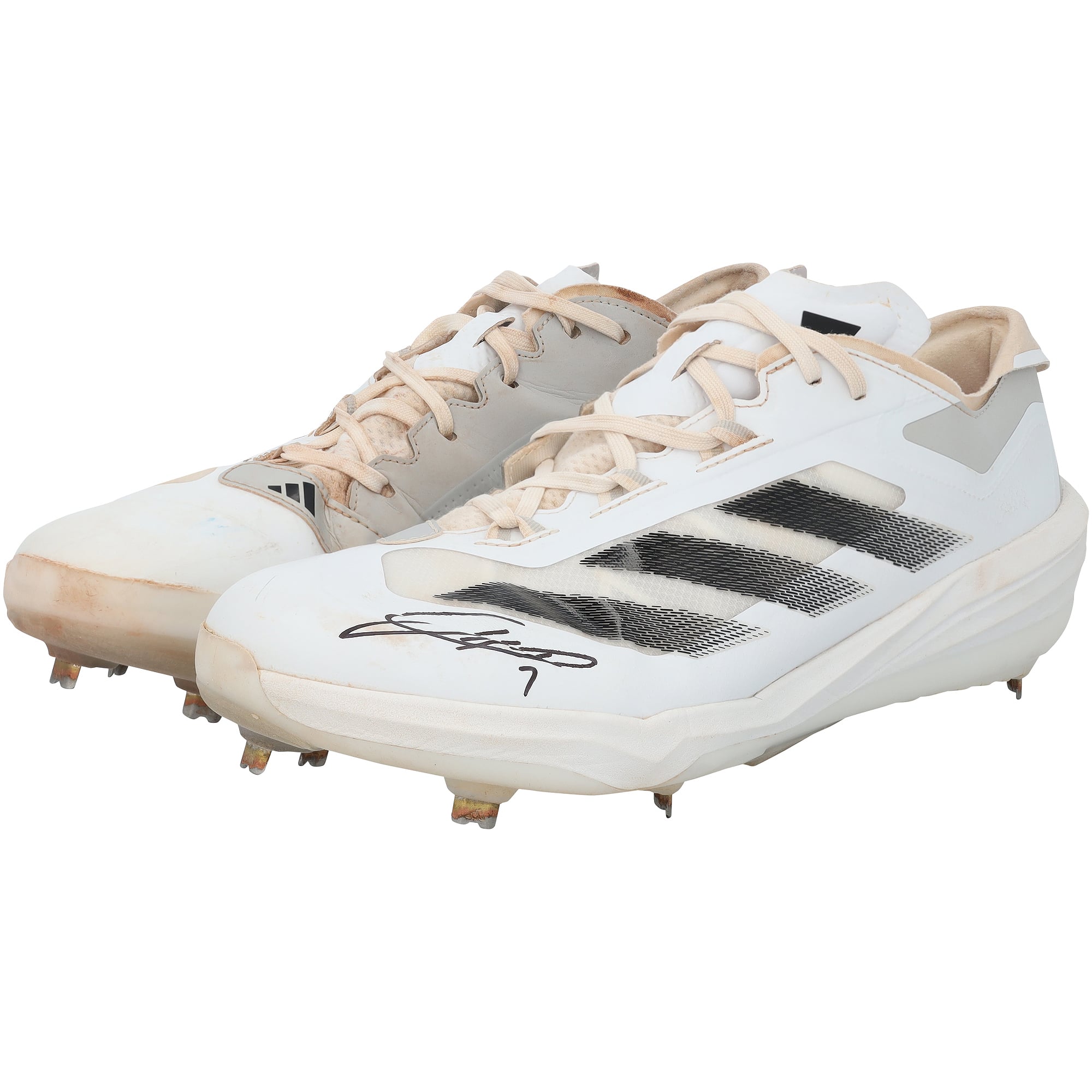 Crampons adidas blancs et gris portés en match par Jackson Holliday des Orioles de Baltimore lors de la saison 2025 de la MLB, authentifiés - NF70442494-95