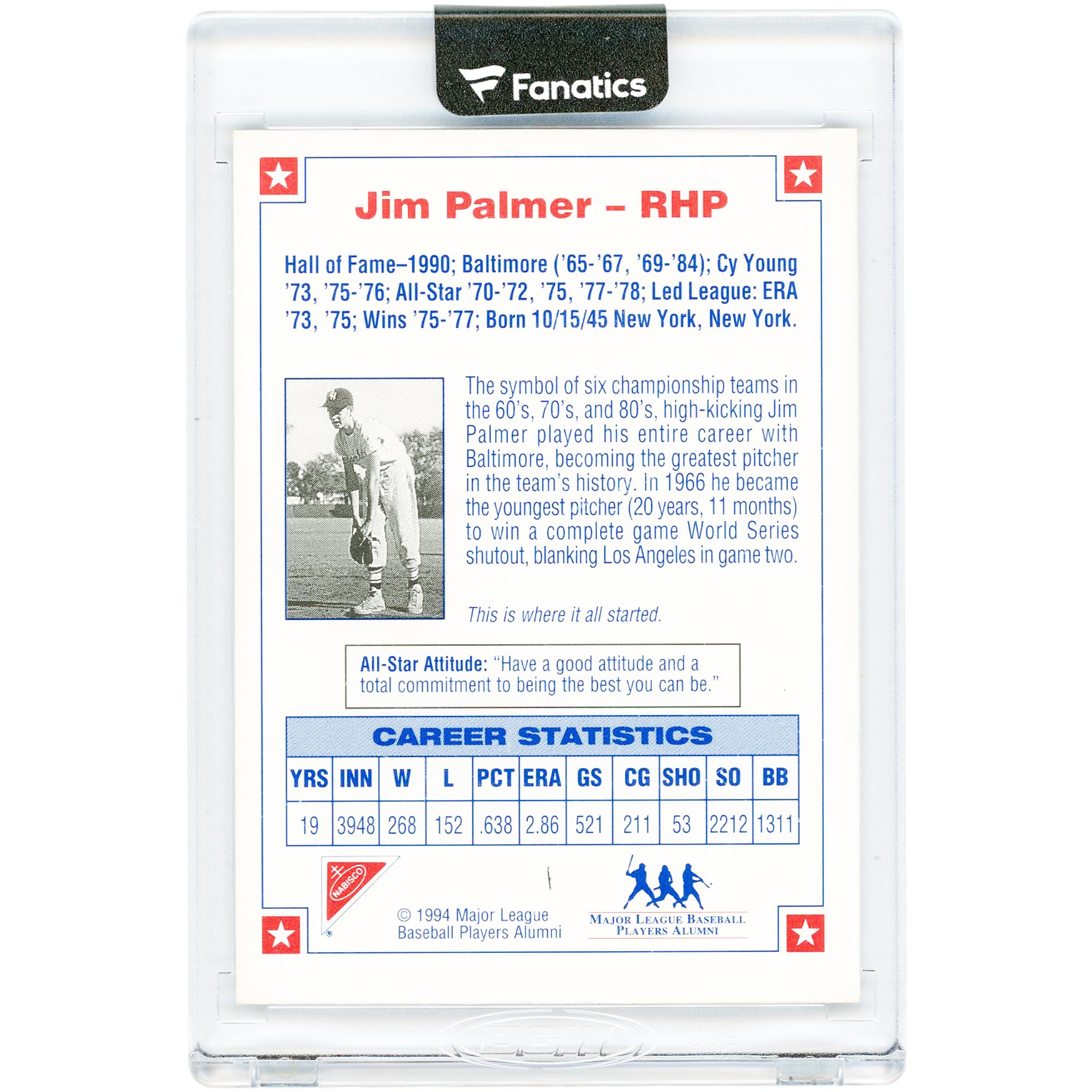 Jim Palmer Baltimore Orioles Autographed 1994 Nabisco All-Star Legends #JP Card