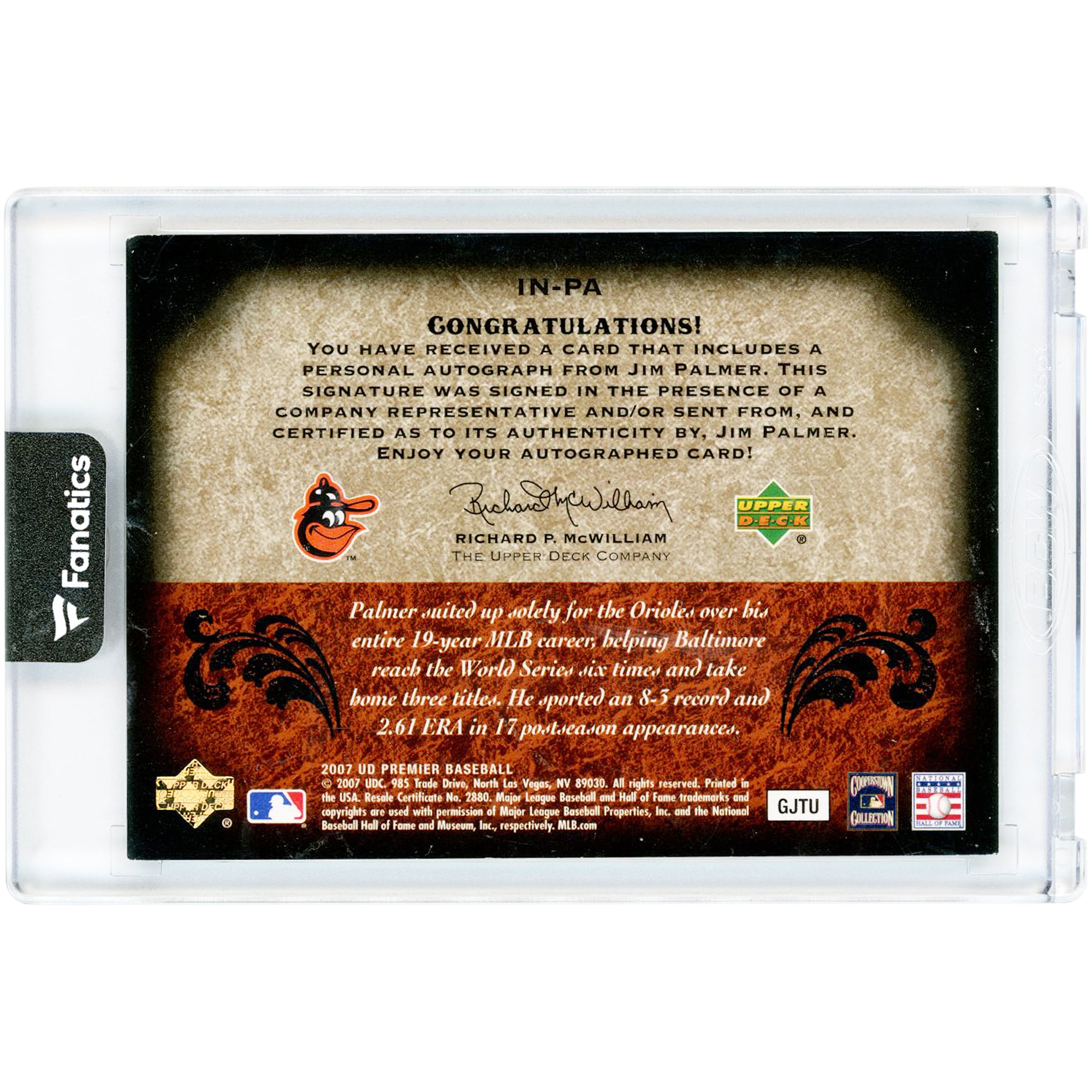 Jim Palmer Baltimore Orioles Autographed 2007 Upper Deck Premier Insignias Autographs #IN-PA #24/25 Card