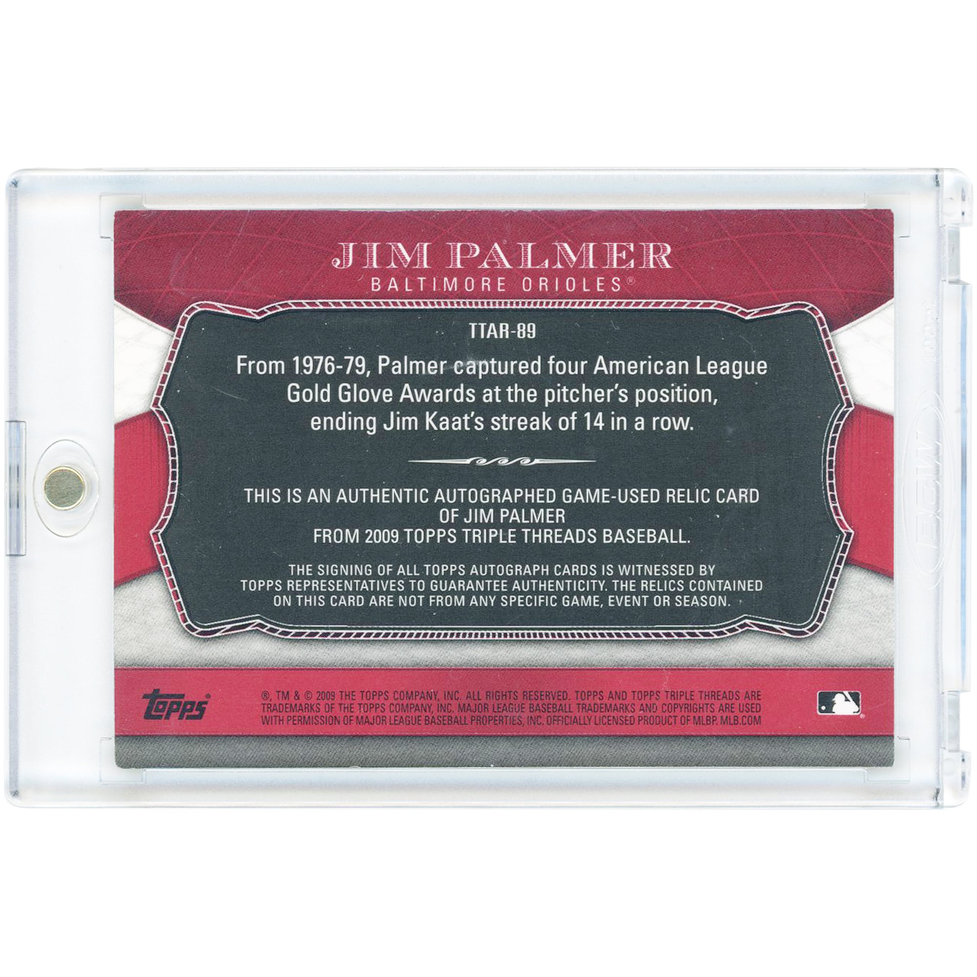 Jim Palmer Baltimore Orioles Autographed 2009 Topps Triple Threads Quad Game Used Jersey Relics #TTAR-89 #1/18 Card