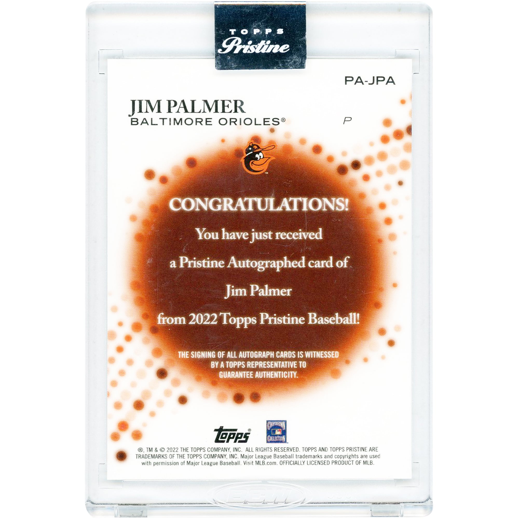 Carte autographiée de Jim Palmer (Baltimore Orioles) 2022 Topps Pristine #PA-JPA