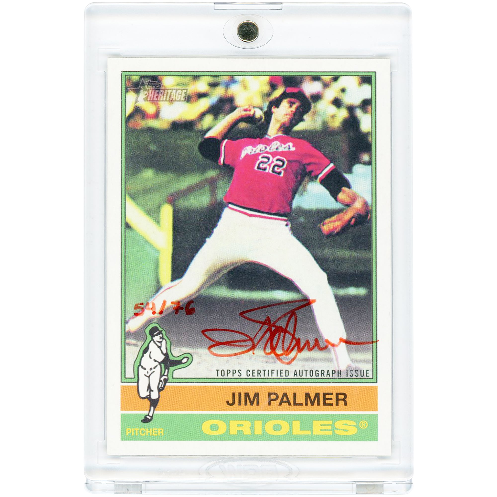 Carte autographiée par Jim Palmer des Orioles de Baltimore, collection 2024 Topps Heritage Real One, encre rouge, design Topps 1976, n° ROA-JP, n° 54/76