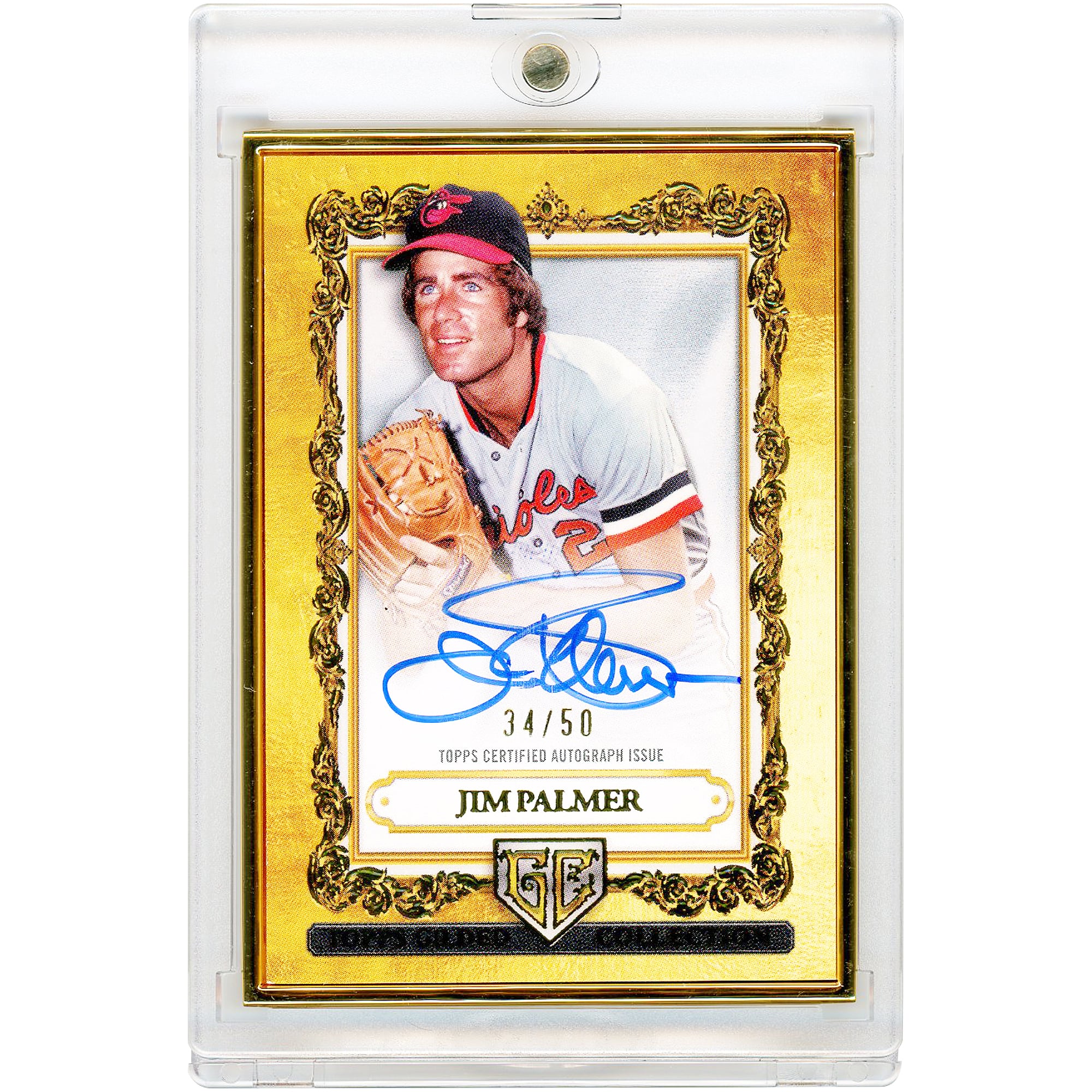 Carte autographiée de Jim Palmer (Baltimore Orioles) de la collection Topps Gilded Collection Gallery Of Gold 2025 #GOG-JPA #34/50