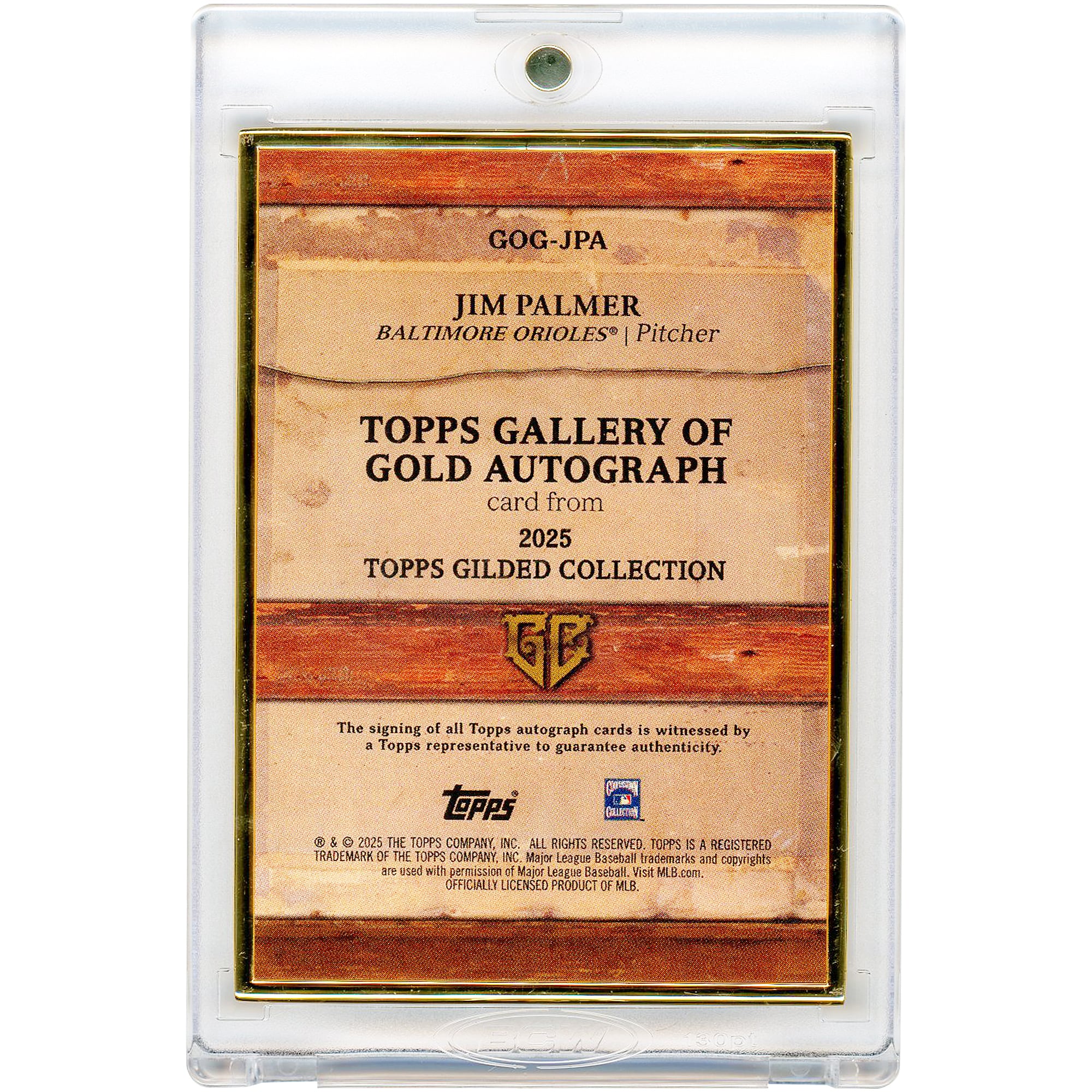 Carte autographiée de Jim Palmer (Baltimore Orioles) de la collection Topps Gilded Collection Gallery Of Gold 2025 #GOG-JPA #34/50