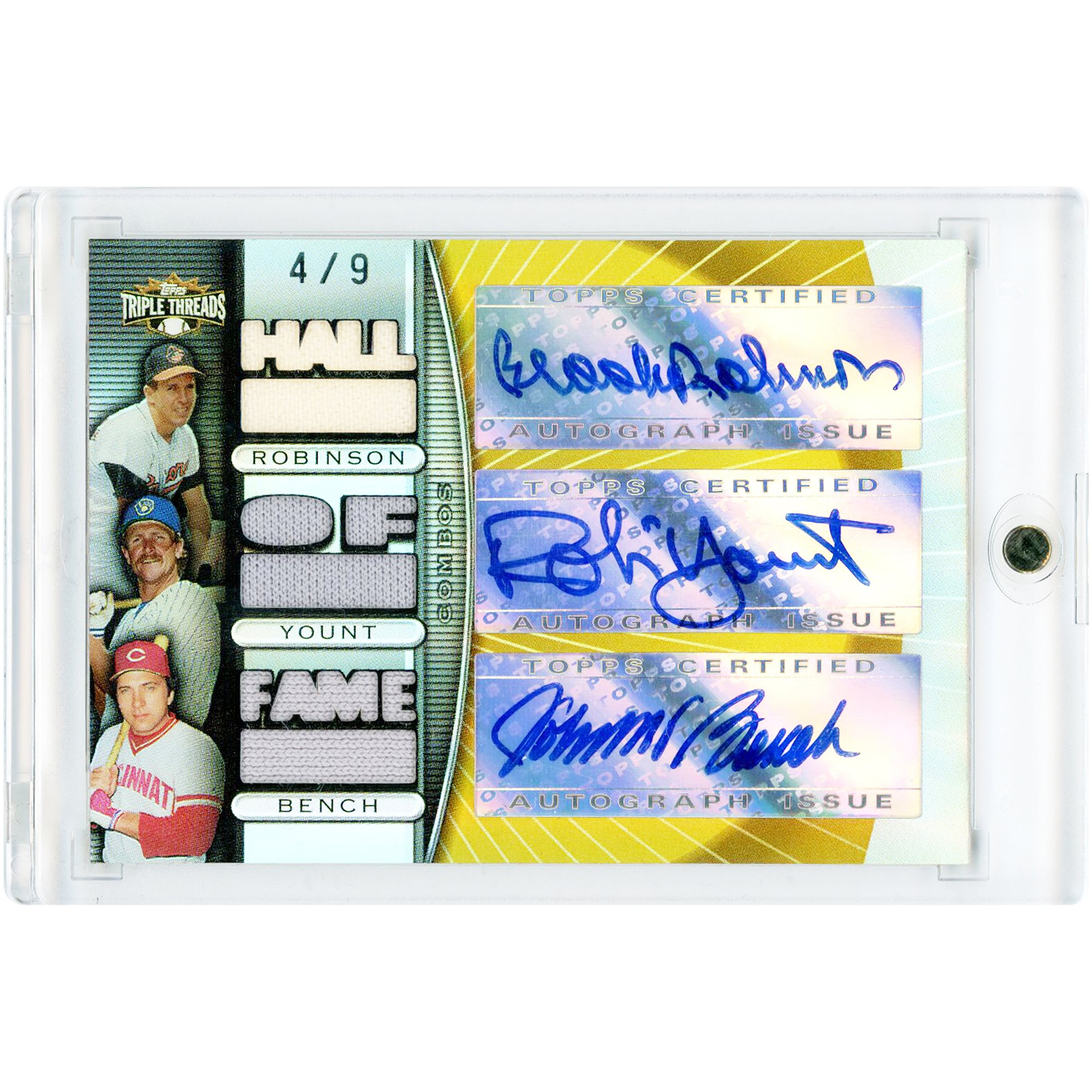 Carte autographiée Johnny Bench, Robin Yount et Brooks Robinson 2007 Topps Triple Threads Autograph Triple 3 Color Relics #TTRCA-1 #4/9