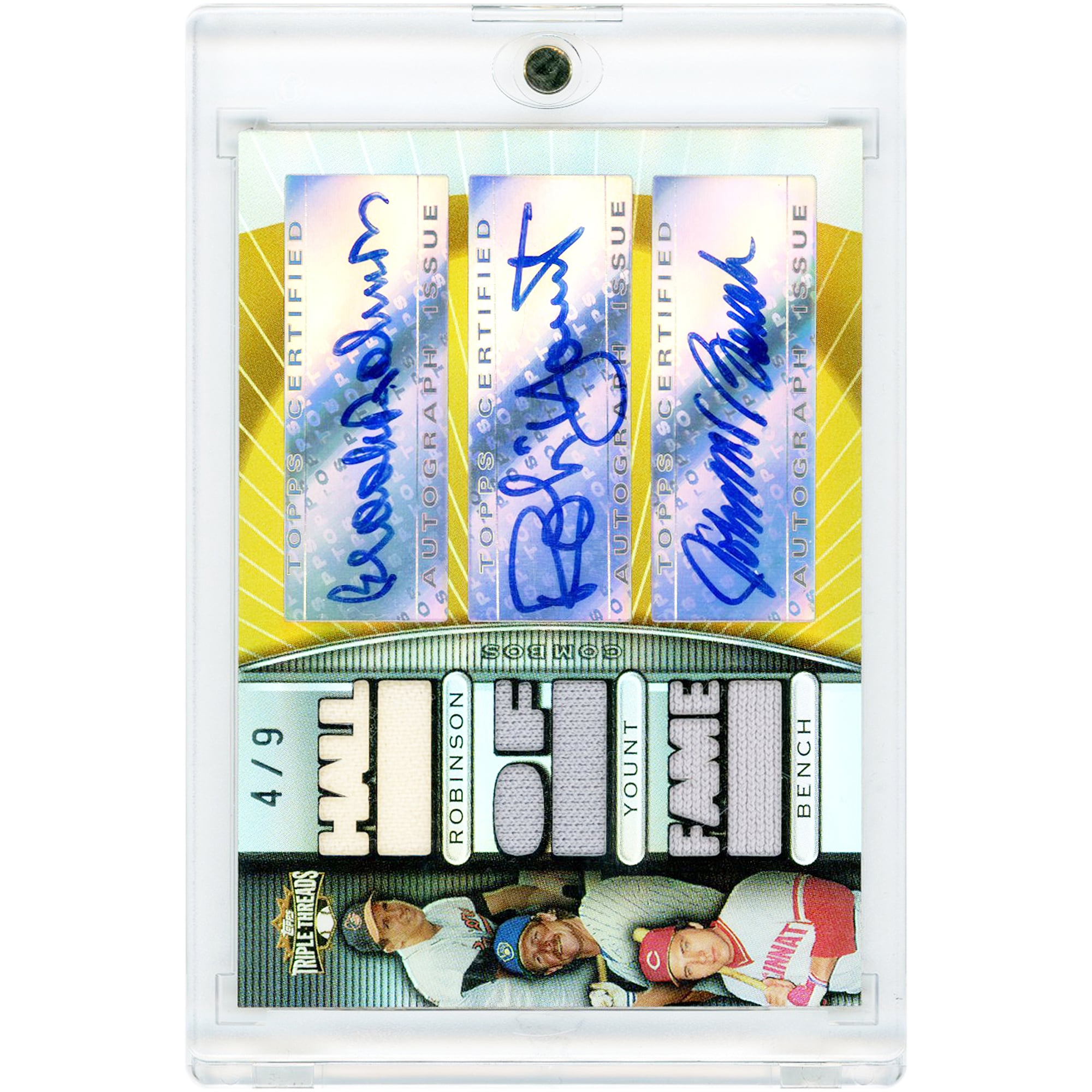 Johnny Bench, Robin Yount & Brooks Robinson Autographed 2007 Topps Triple Threads Autograph Triple 3 Color Relics #TTRCA-1 #4/9 Card