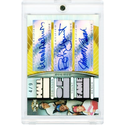 Johnny Bench, Robin Yount & Brooks Robinson Autographed 2007 Topps Triple Threads Autograph Triple 3 Color Relics #TTRCA-1 #4/9 Card
