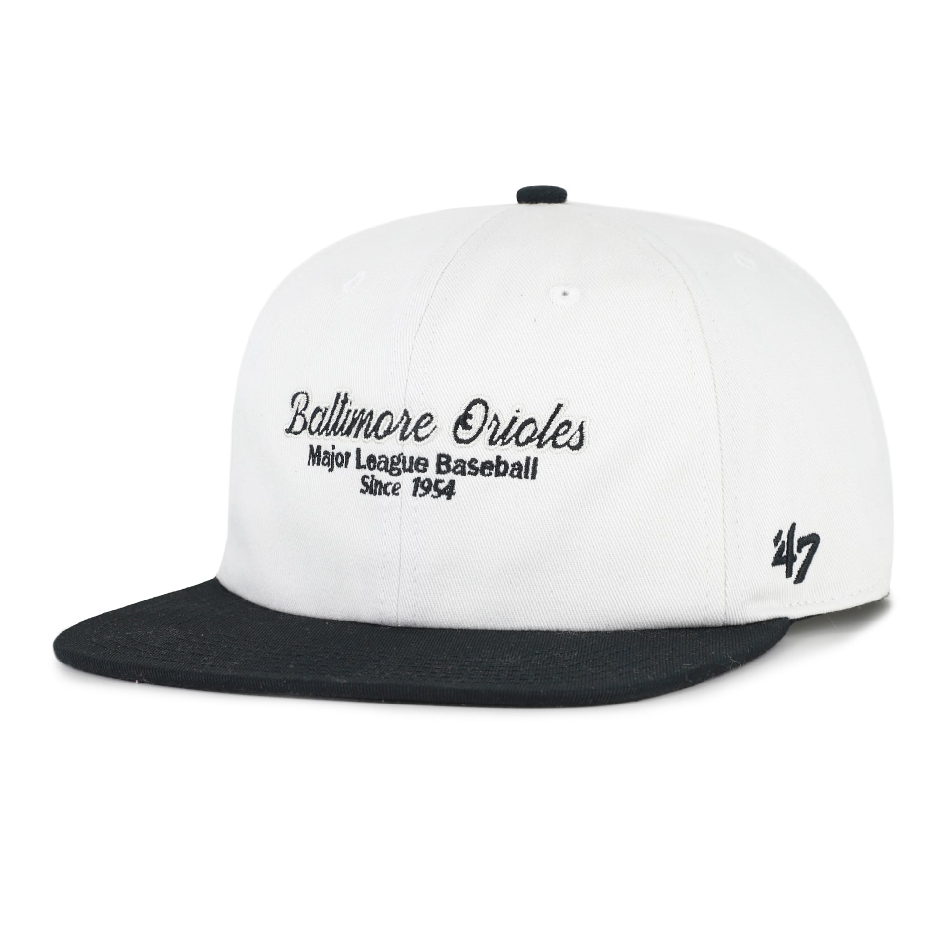 Men's '47 White/Black Baltimore Orioles Script Stack Relaxed Captain Snapback