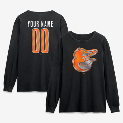 Baltimore Orioles  Metallic Mascot Personalized Name & Number Long Sleeve T-Shirt - Black